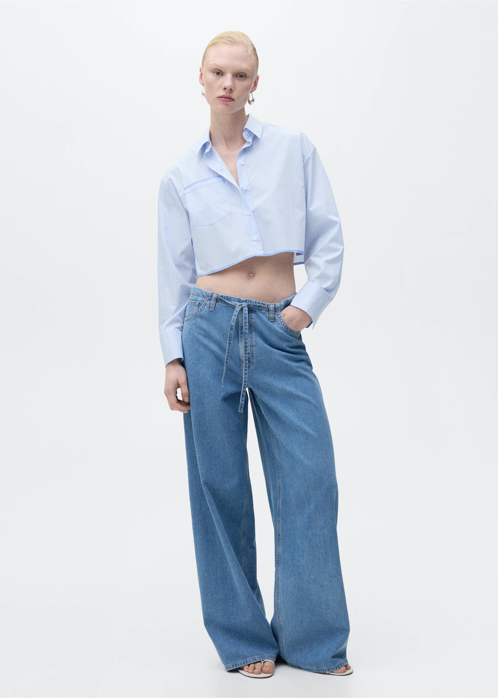 Wide leg denim trousers with belt - General plane, Medium Blue. Ref: 87037180-00.