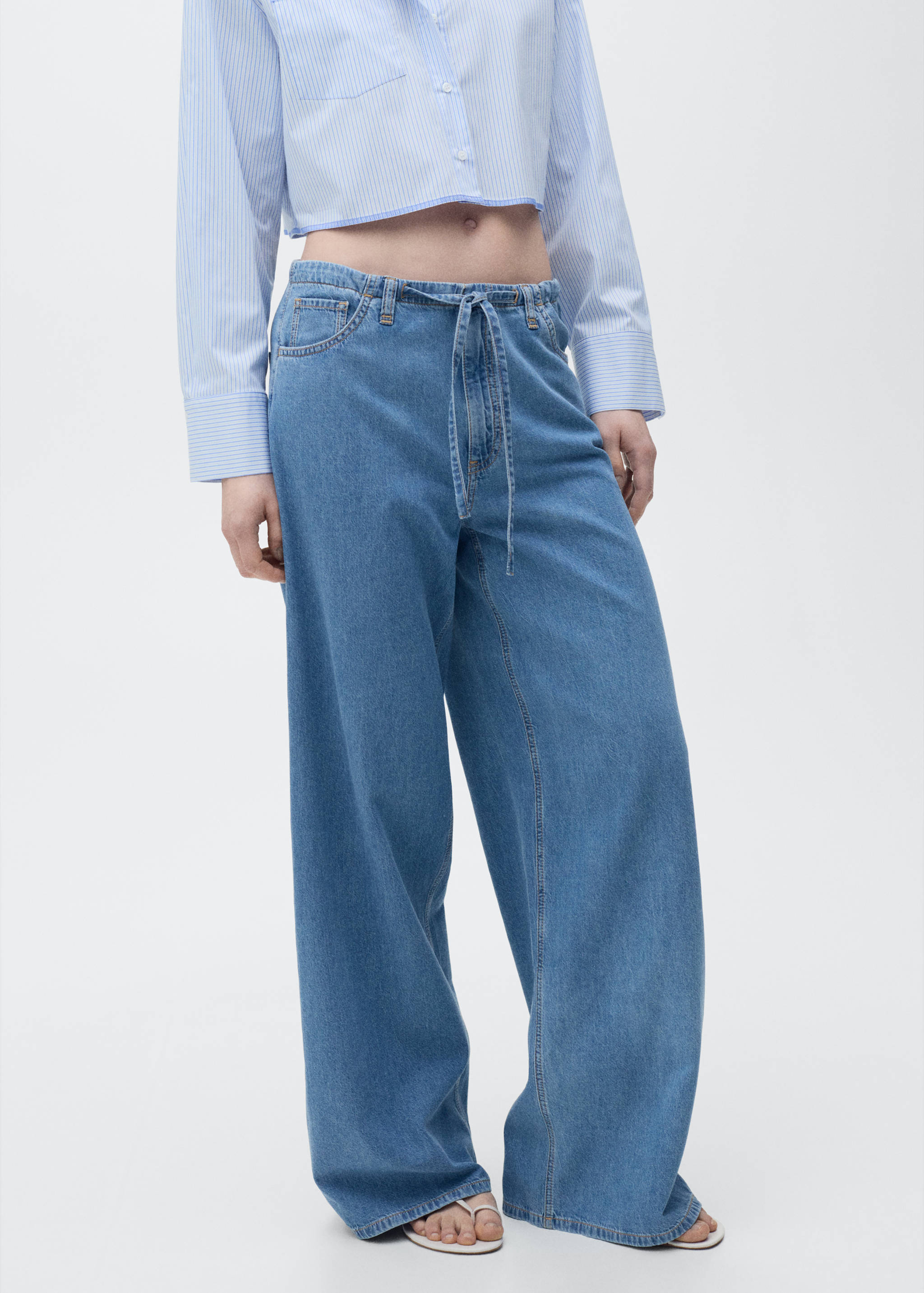Wide leg denim trousers with belt - Medium plane