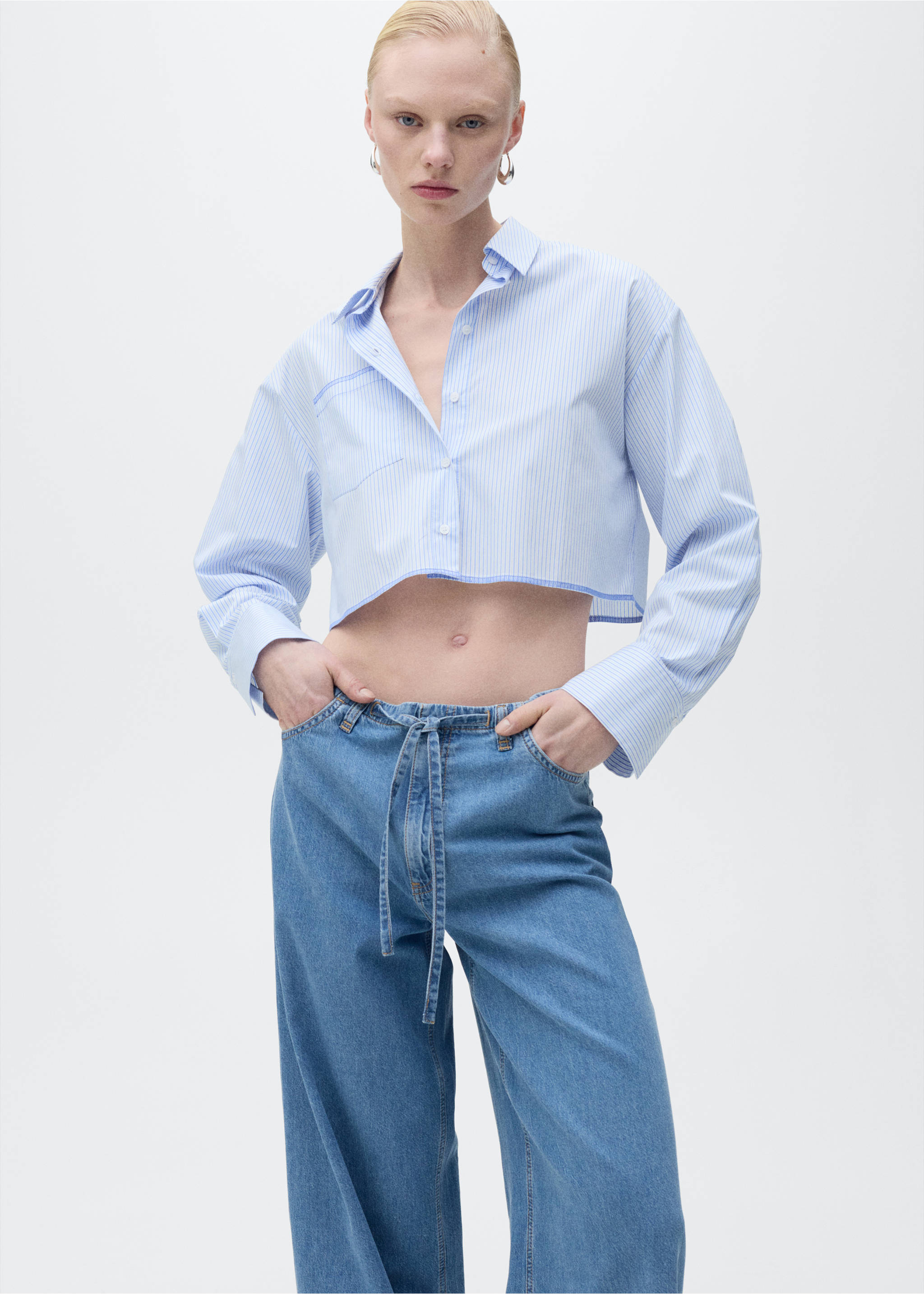 Wide leg denim trousers with belt - Details of the article 1, Medium Blue. Ref: 87037180-00.