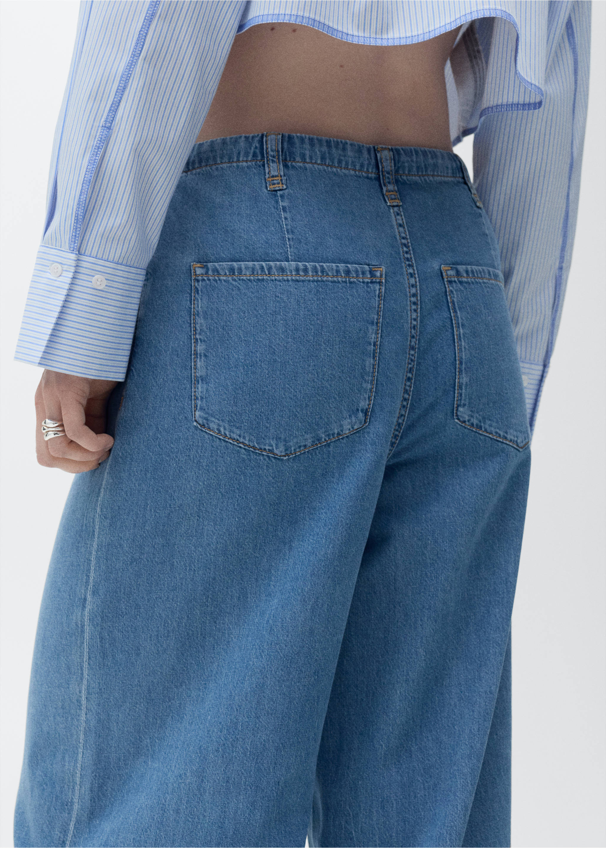 Wide leg denim trousers with belt - Details of the article 3, Medium Blue. Ref: 87037180-00.