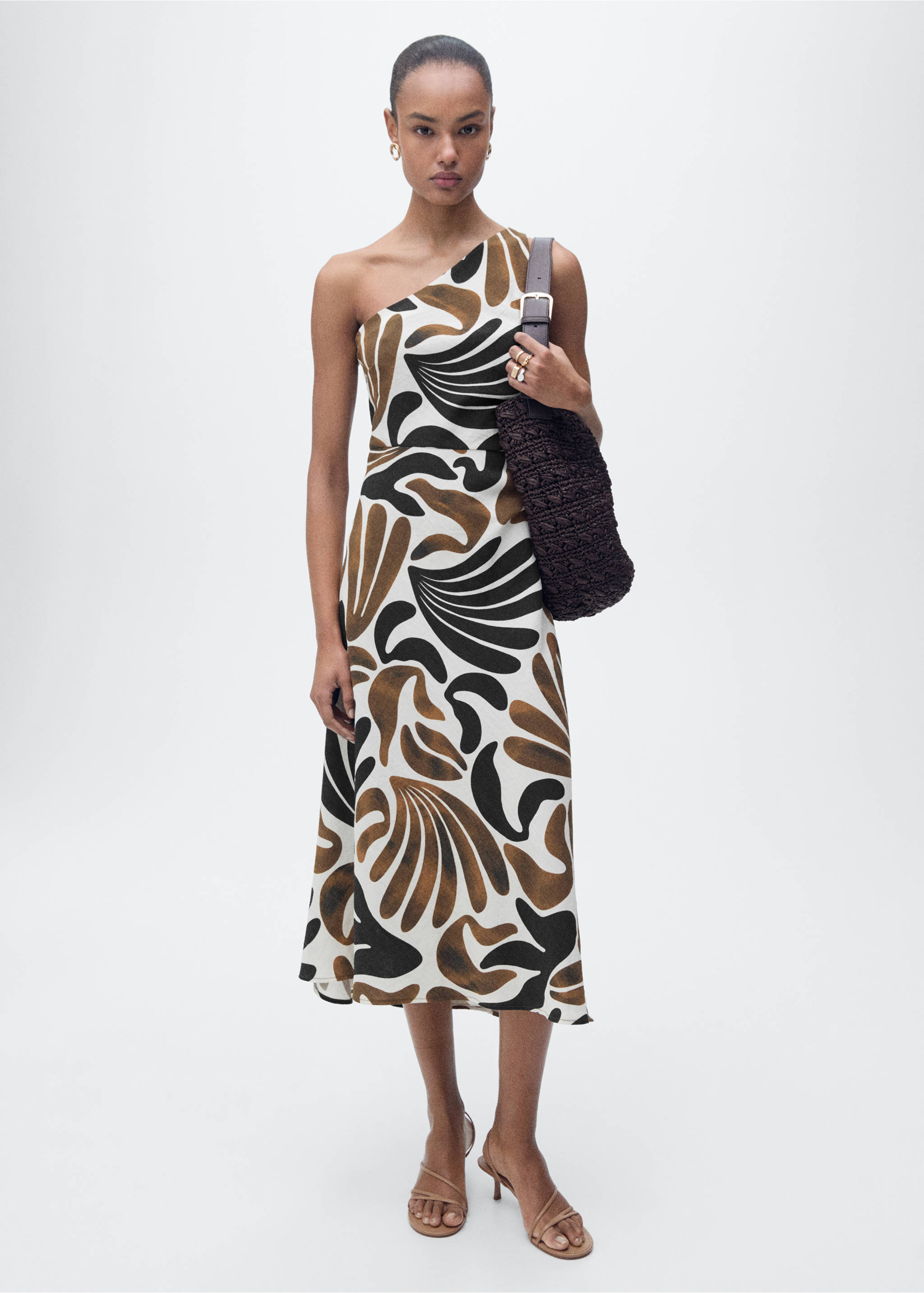 Printed dress with asymmetrical neck - General plane, Brown. Ref: 87037182-00.
