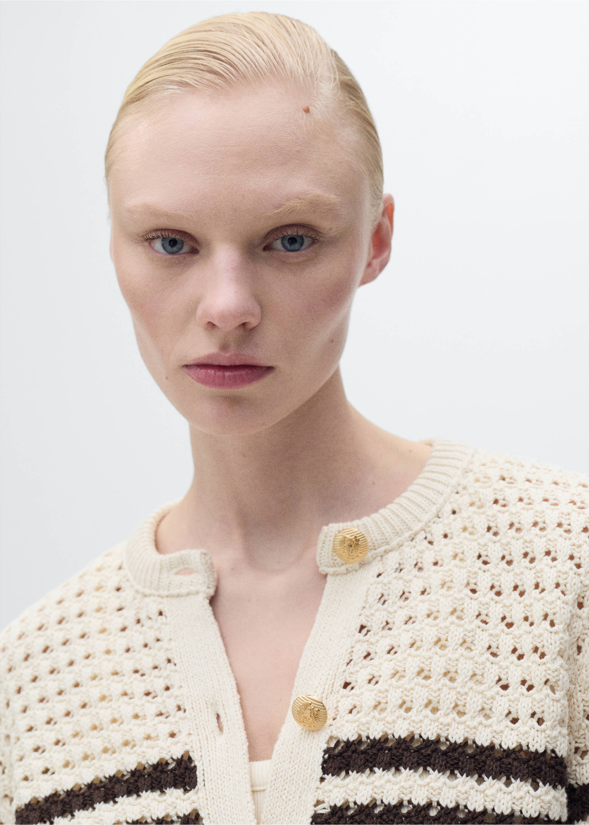 Cardigan maille ajourée rayures - Détail de l'article 1, Marron. Ref: 87037191-00.