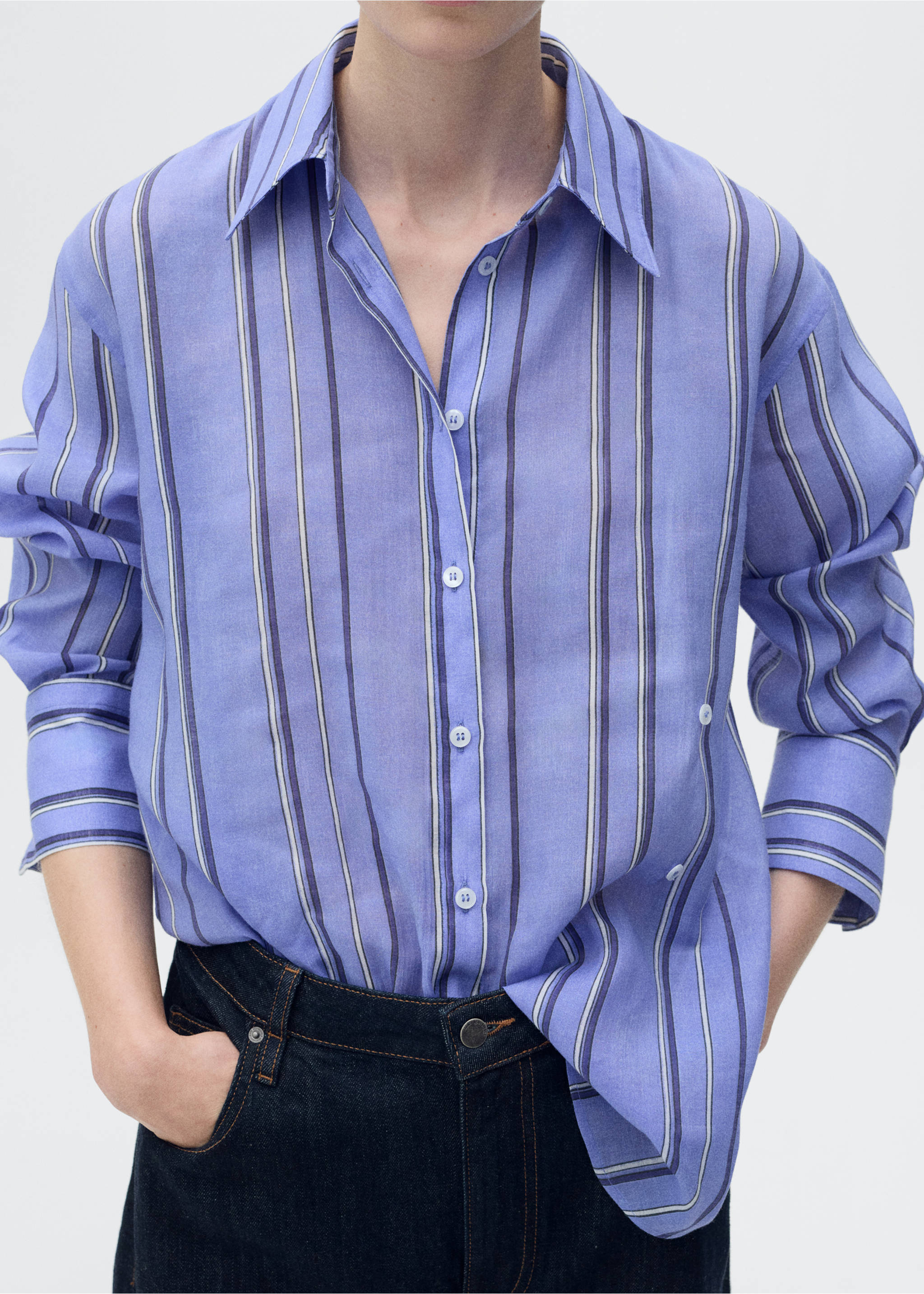 Striped shirt with multi-position closure - Details of the article 1, Blue. Ref: 87037194-00.