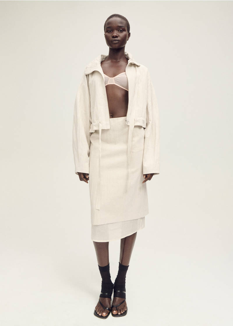 Combined linen-blend midi-skirt - Light/Pastel Grey