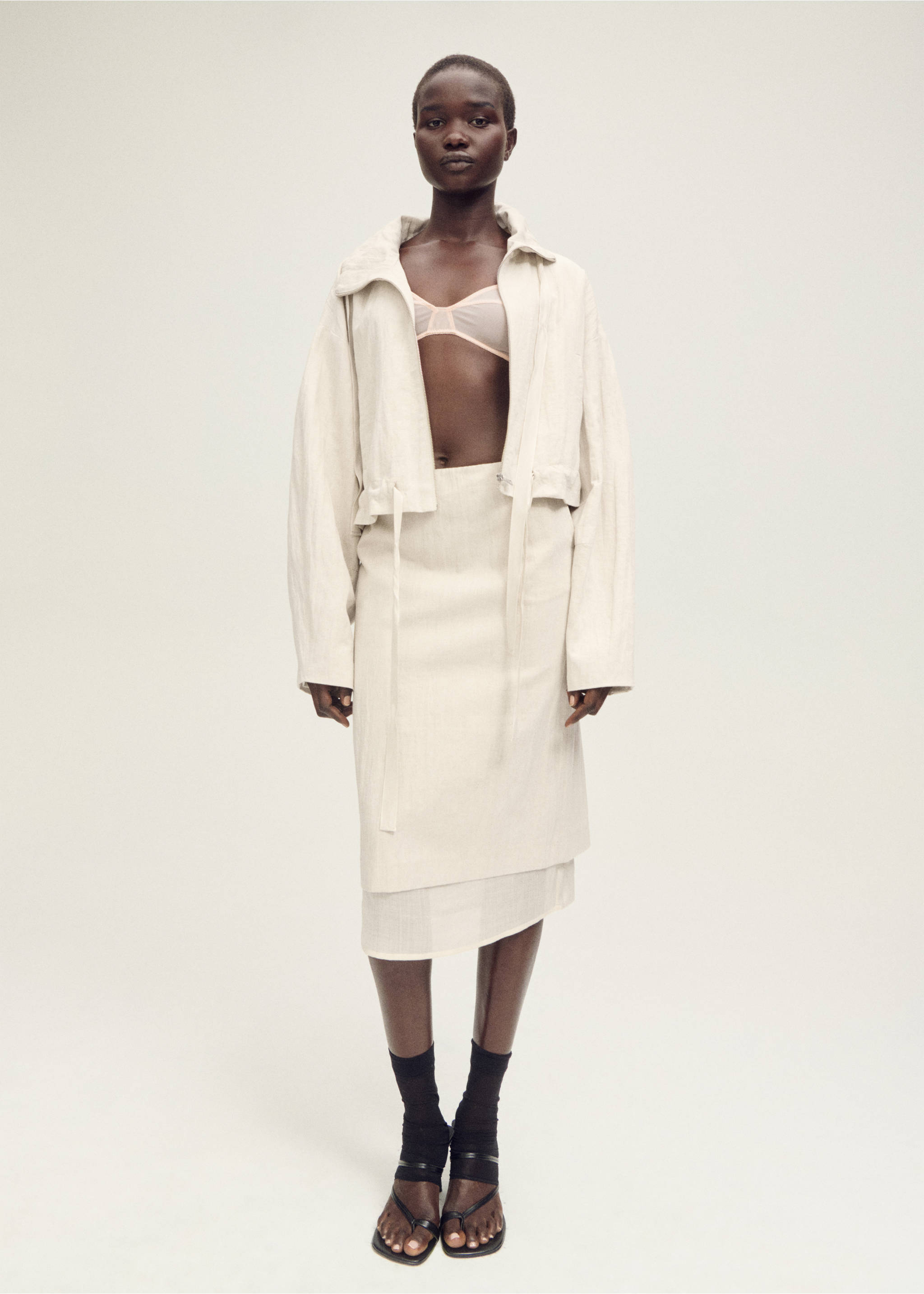 Falda midi mezcla lino combinada - Plano general, Gris claro/pastel. Ref: 87037718-00.