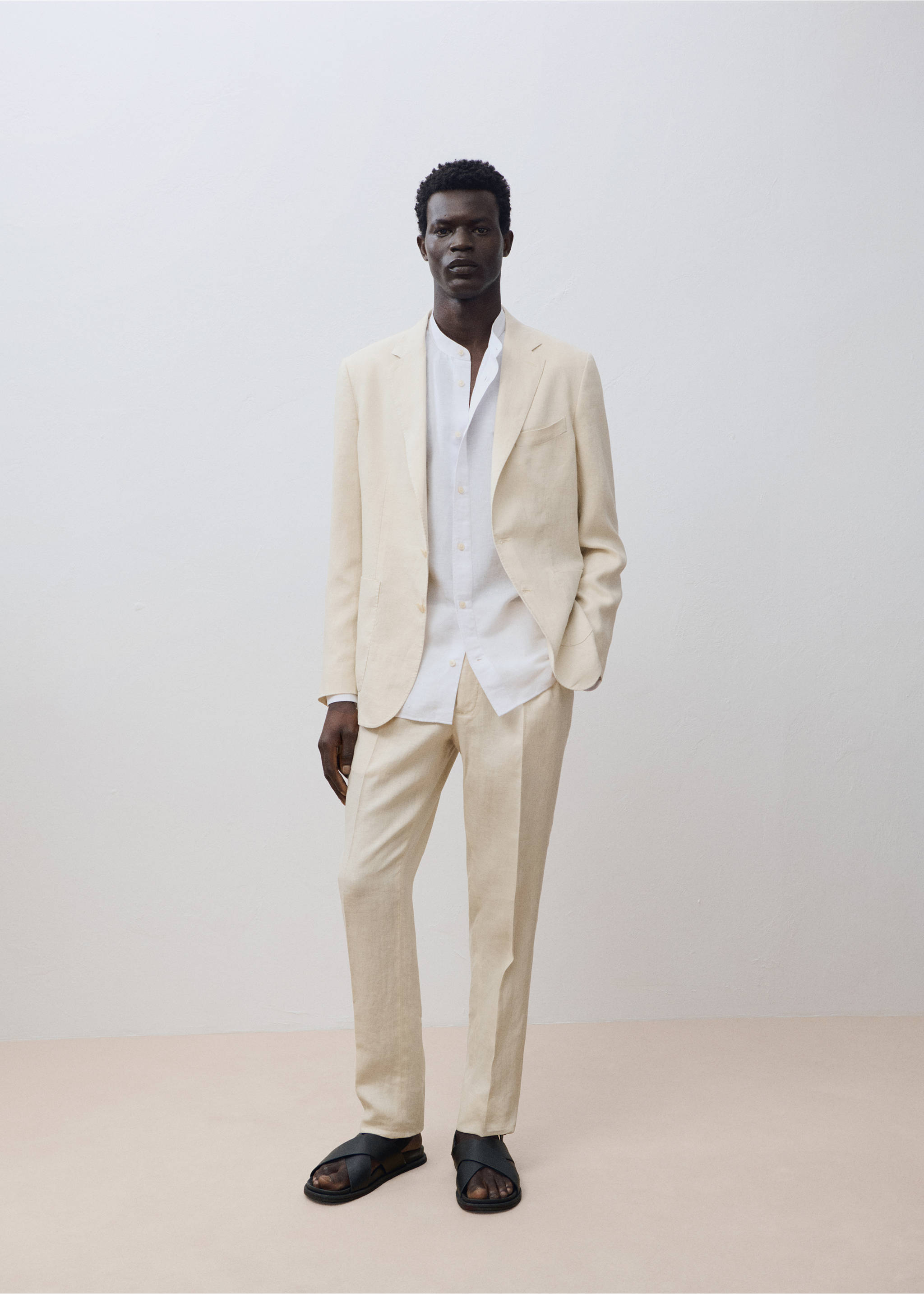 Salerno 100% linen slim fit suit trousers - Details of the article 5, Ecru. Ref: 87037887-00.