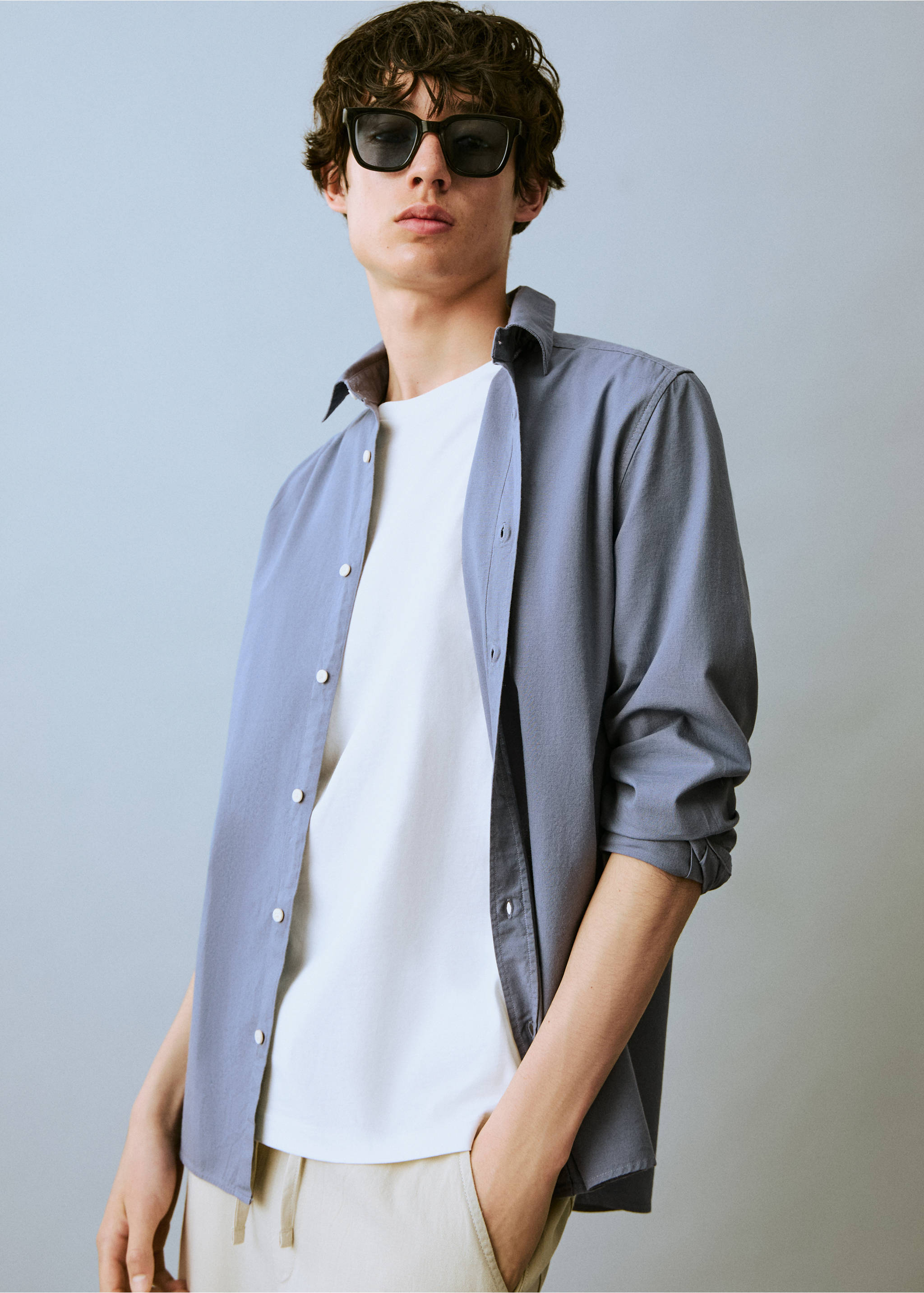 Camisa oxford lino - Plano medio, Gris claro/pastel. Ref: 87037889-00.