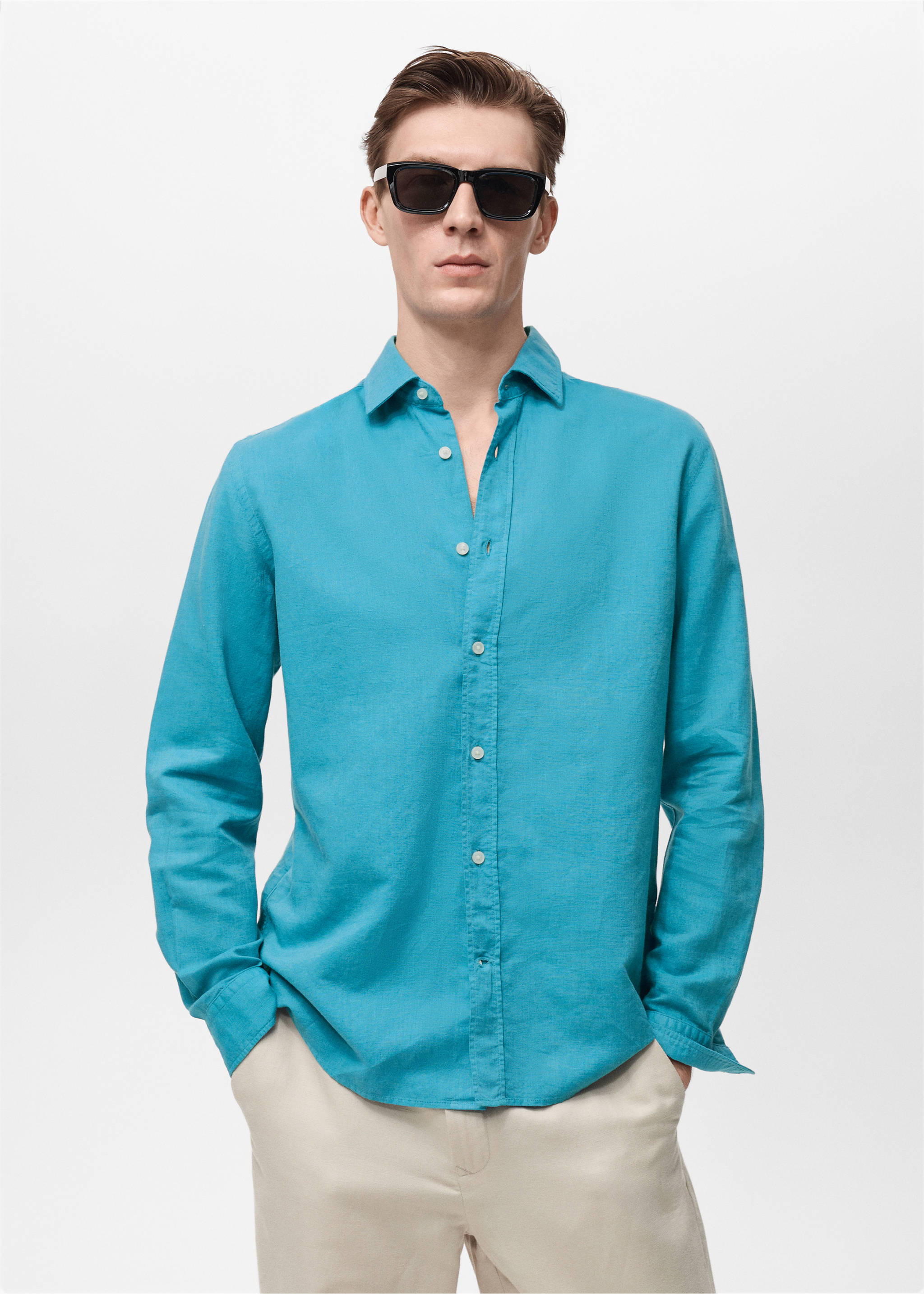 Chemise lin - Plan moyen, Turquoise. Ref: 87037891-00.