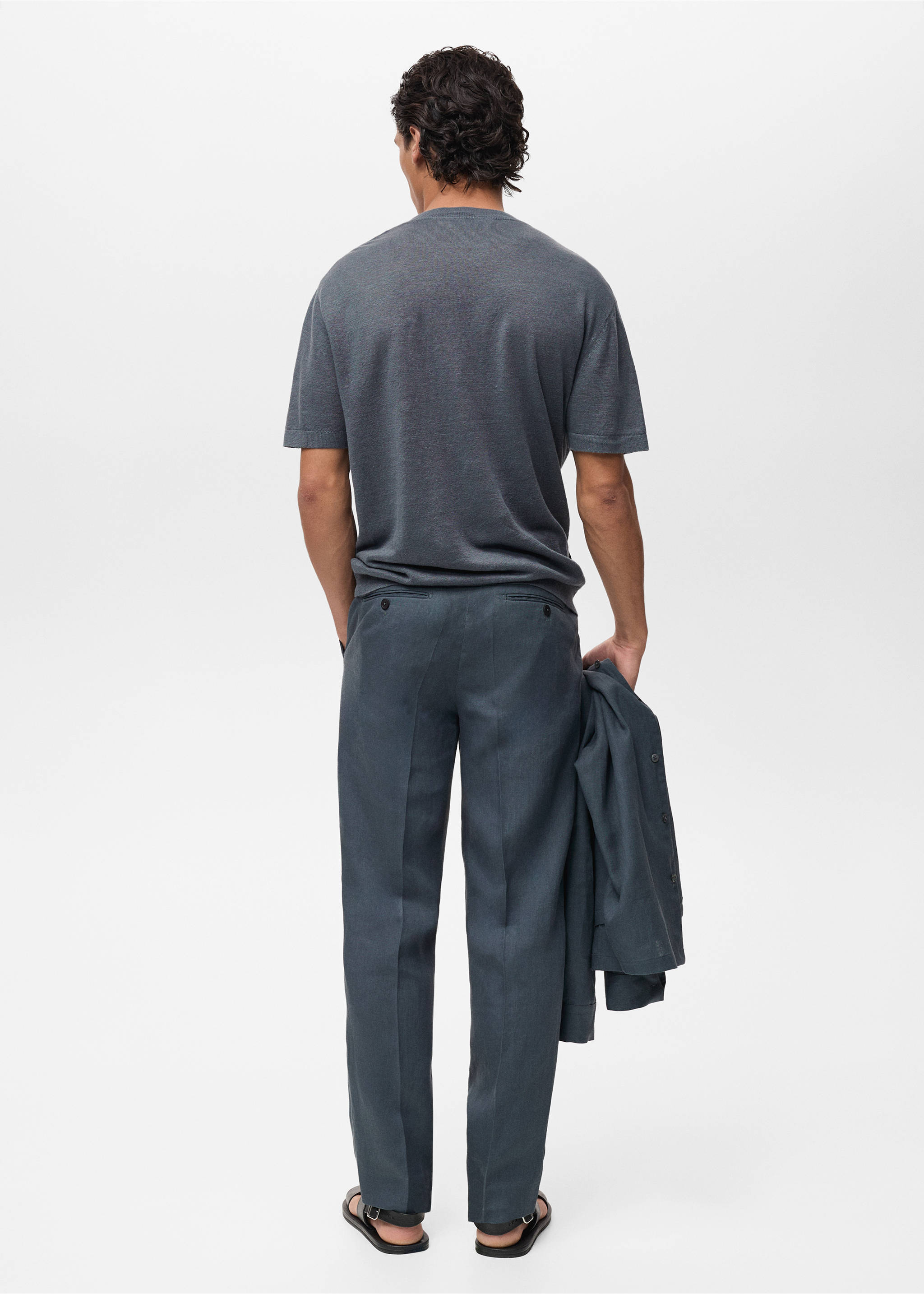 100% linen t-shirt with ribbed trim - Reverse of the article, Petrol Blue. Ref: 87037898-00.