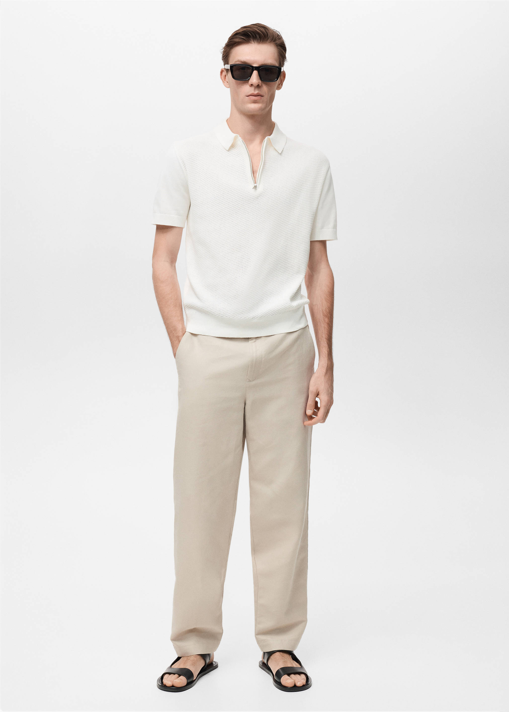 Polo maille ajourée à zip - Plan général, Écru. Ref: 87037899-00.