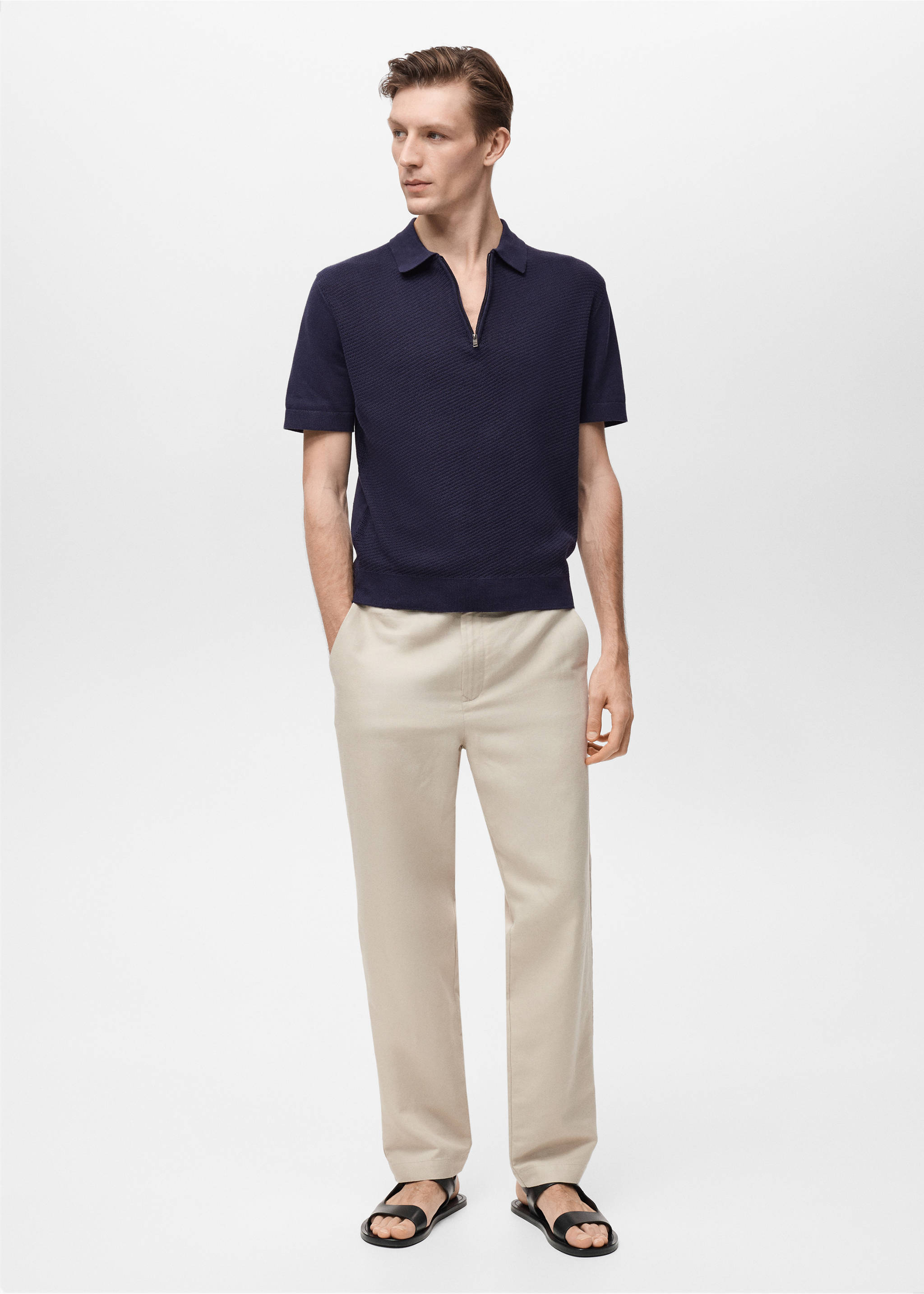 Polo maille ajourée à zip - Plan général, Bleu marine. Ref: 87037899-00.