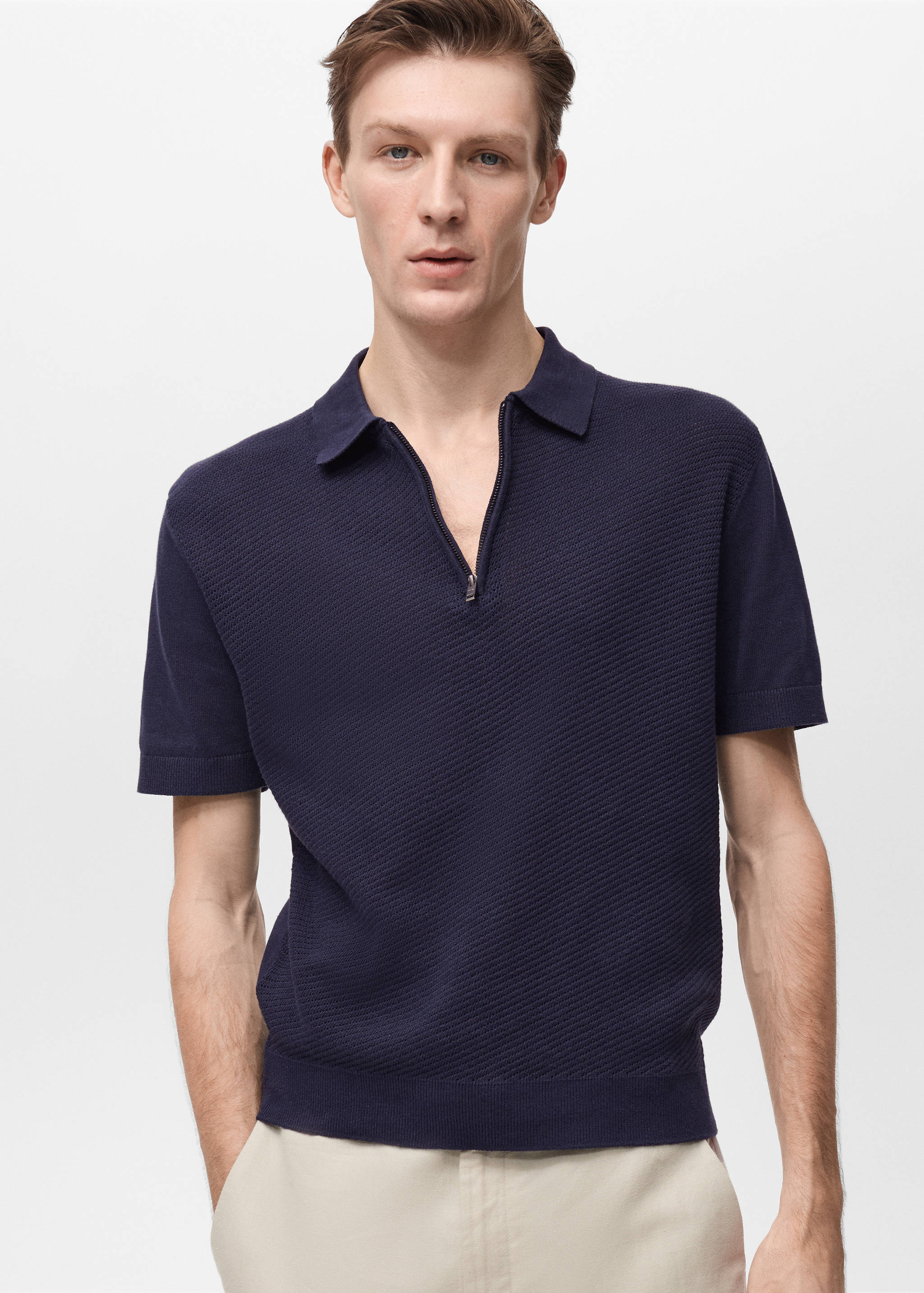 Openwork knitted polo shirt with zip - Medium plane