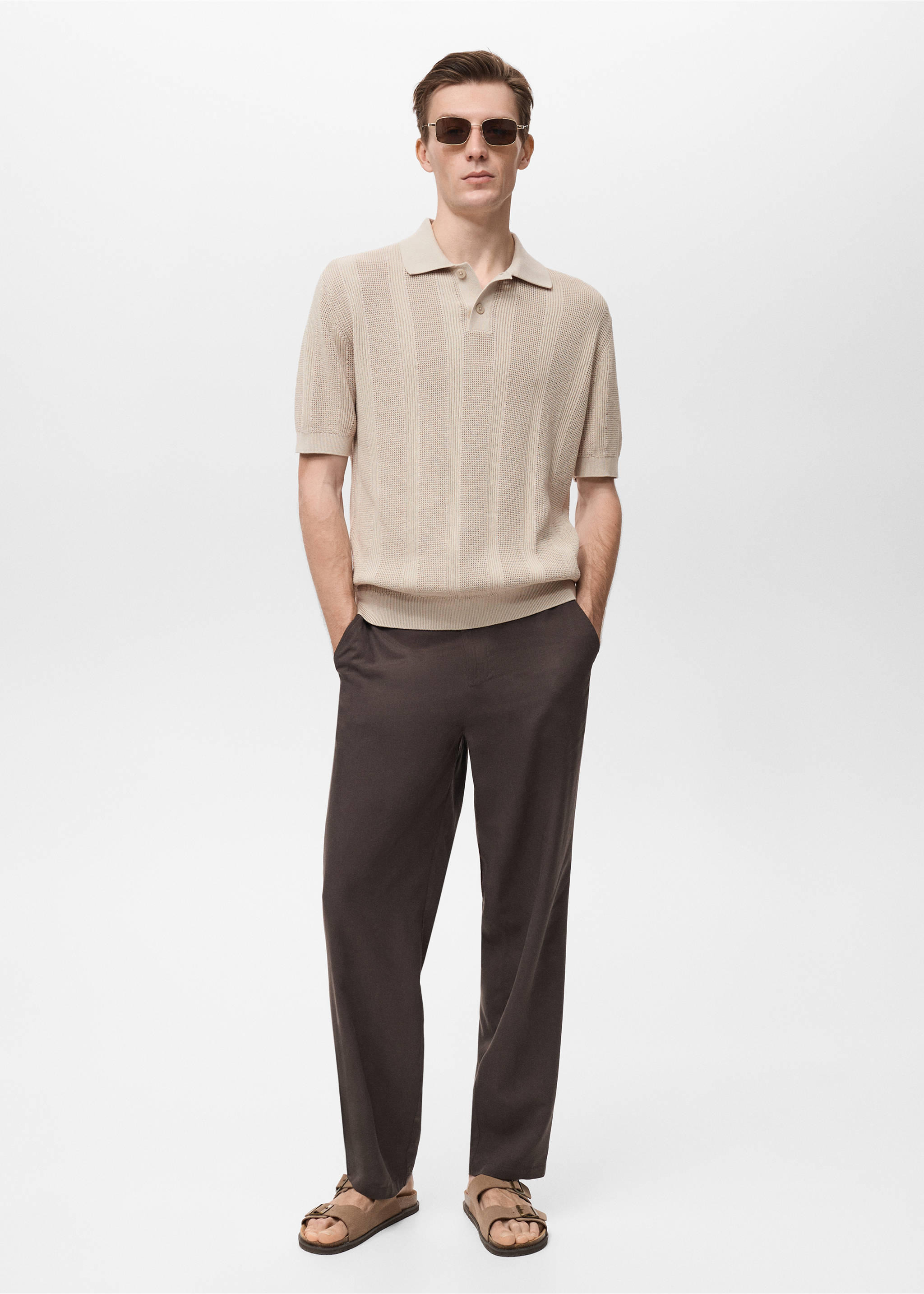 Polo maille ajourée et structurée rayures - Plan général, Sable. Ref: 87037900-00.