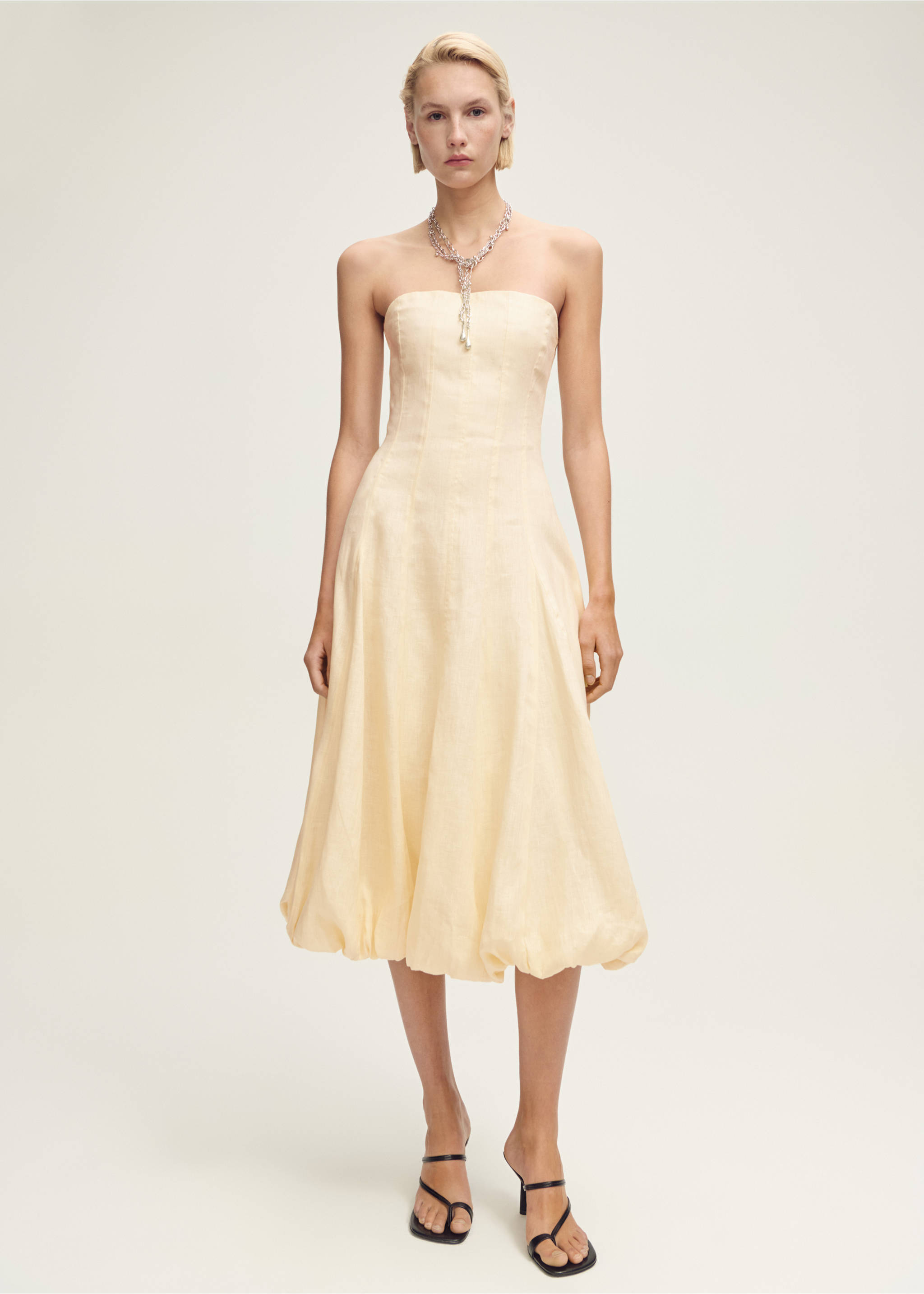 Linen dress with puffed hem - General plane, Pastel Yellow. Ref: 87037903-00.