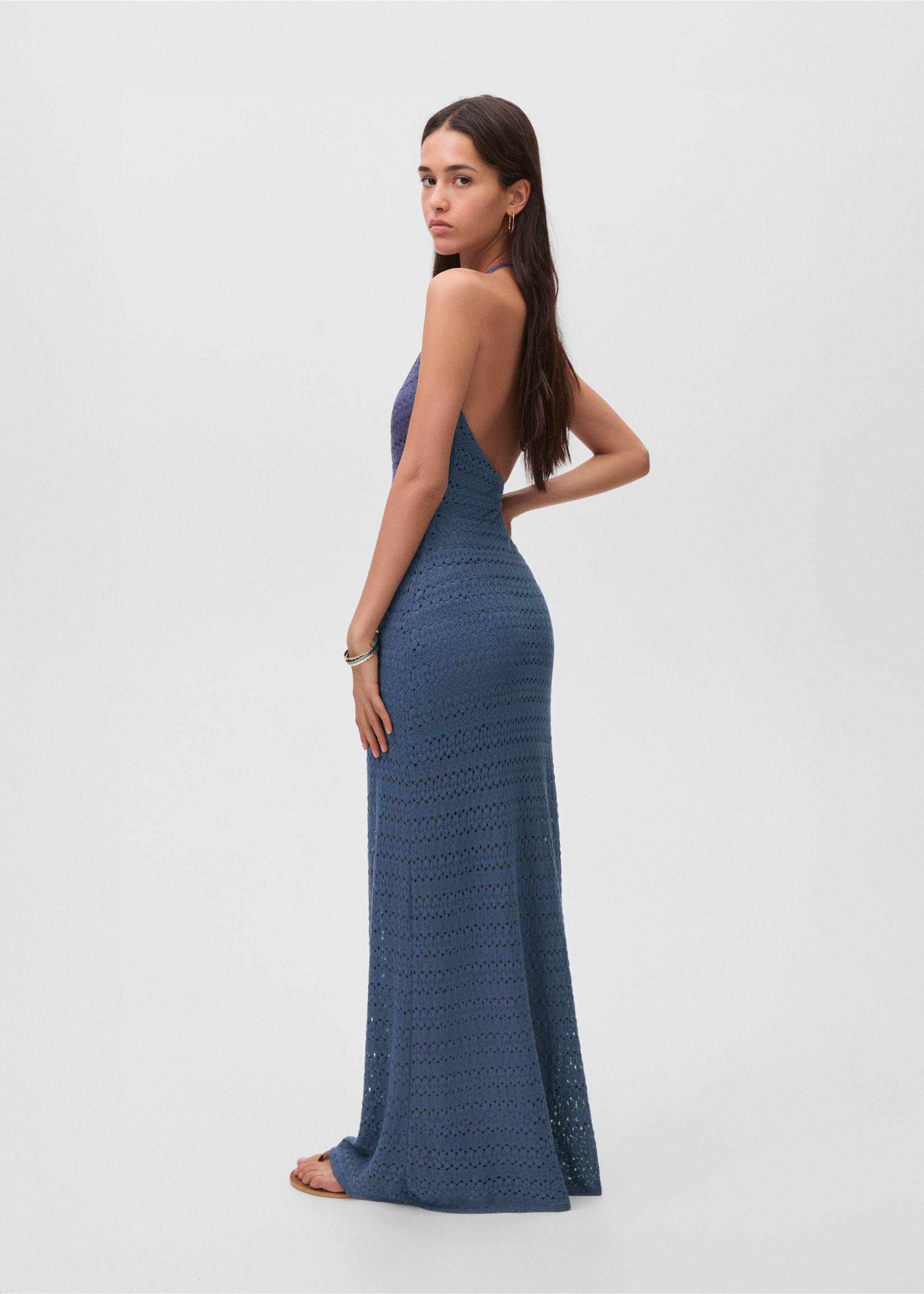 Halter-neck knitted dress with lace pattern - Reverse of the article, Navy. Ref: 87038266-00.
