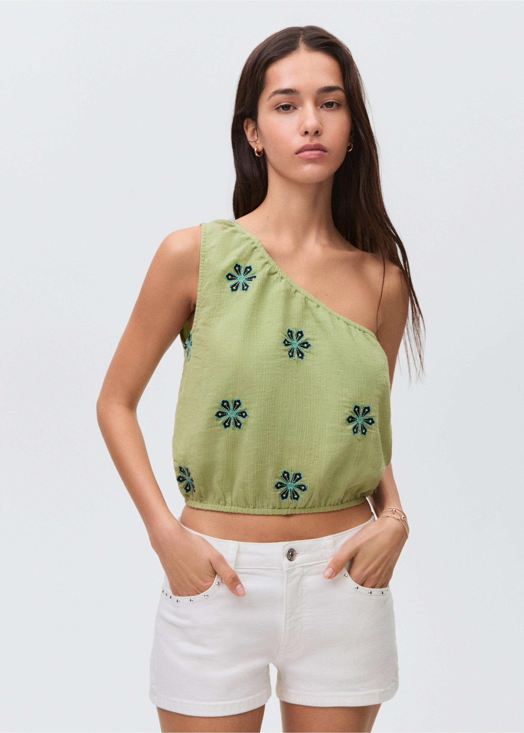 Asymmetrical embroidered top - Medium plane, Lime. Ref: 87038272-00.