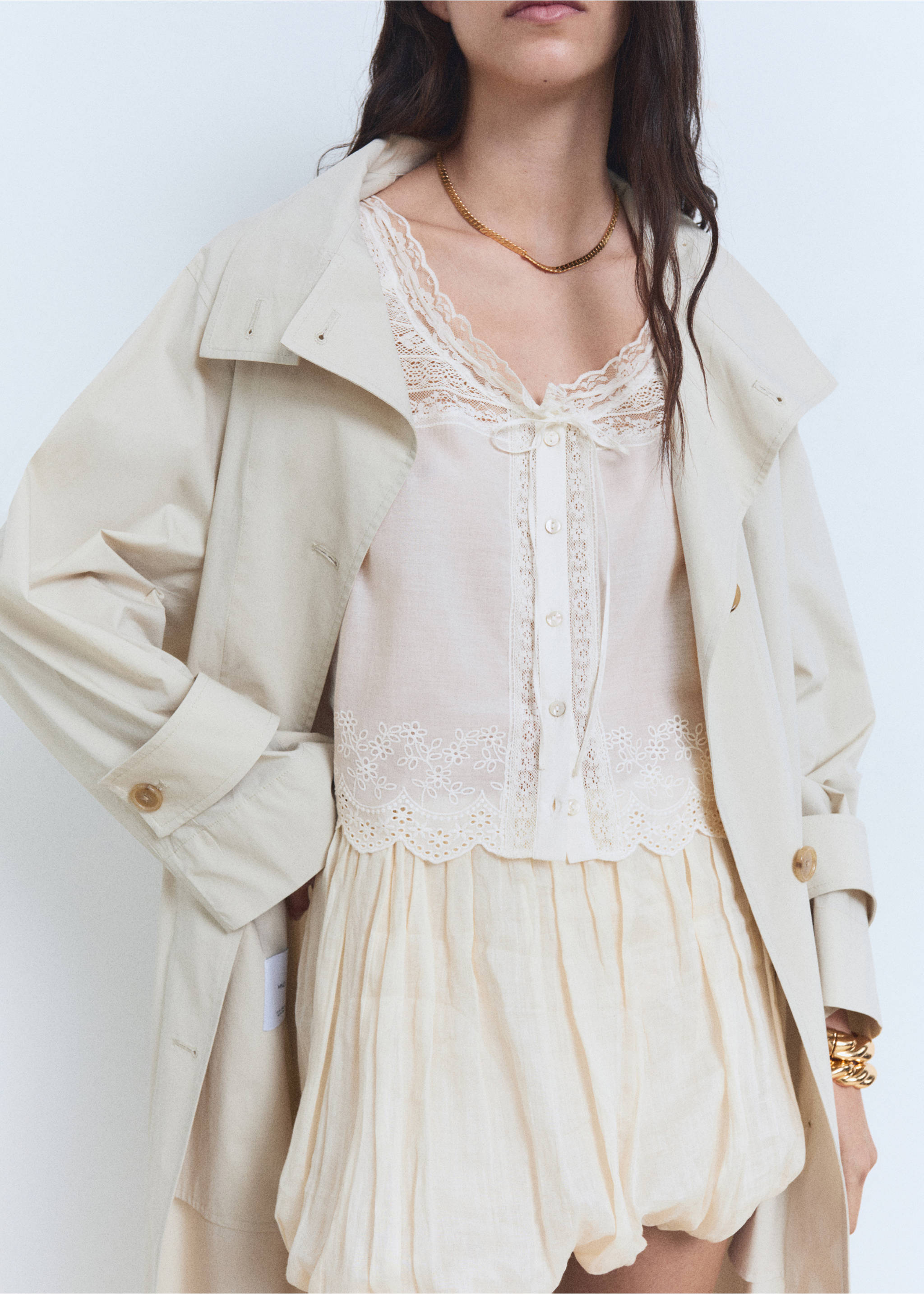 Cotton blouse with lace details - Details of the article 6, Off White. Ref: 87038646-00.