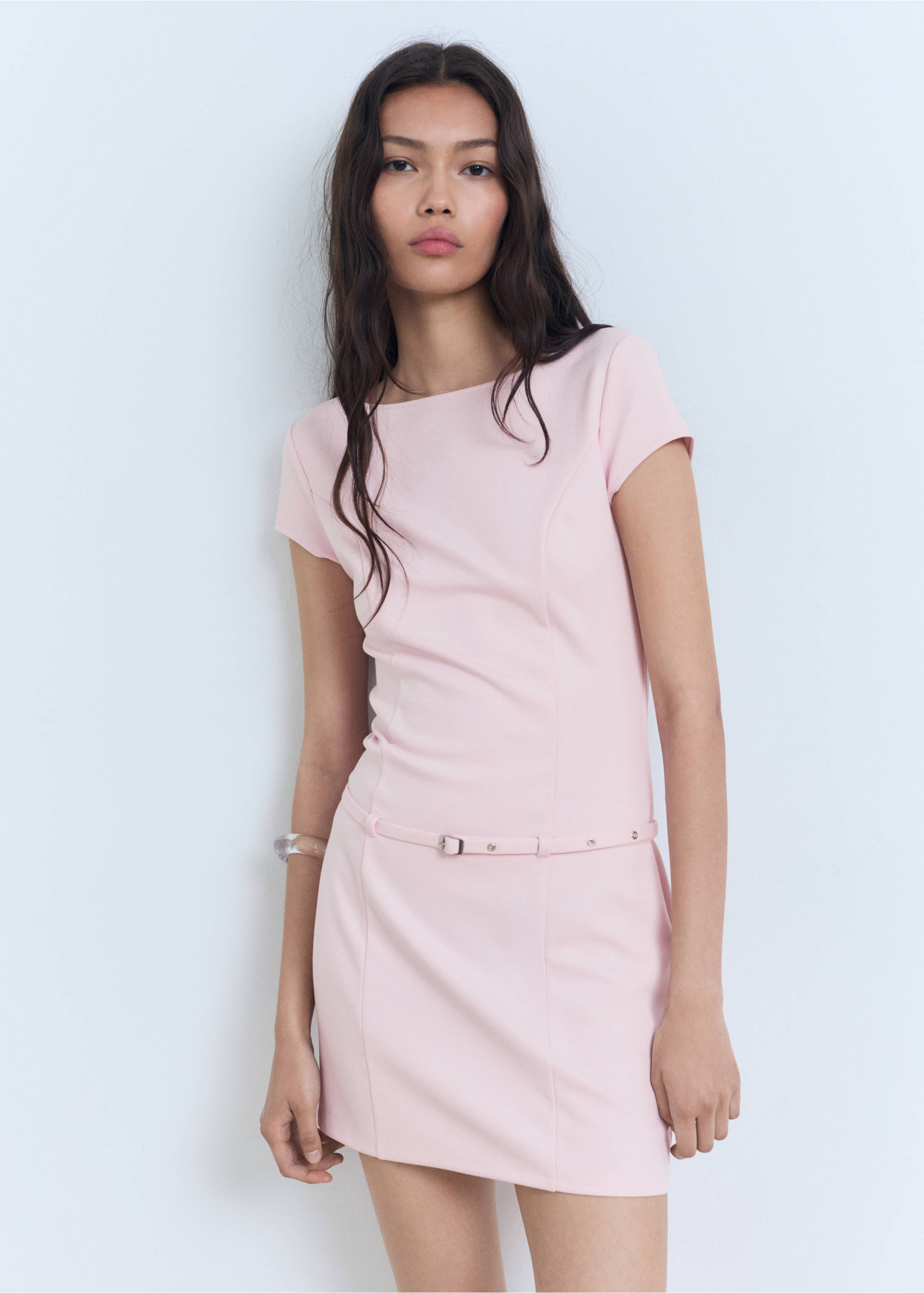 Short belted dress - Details of the article 2, Pastel Pink. Ref: 87038652-00.