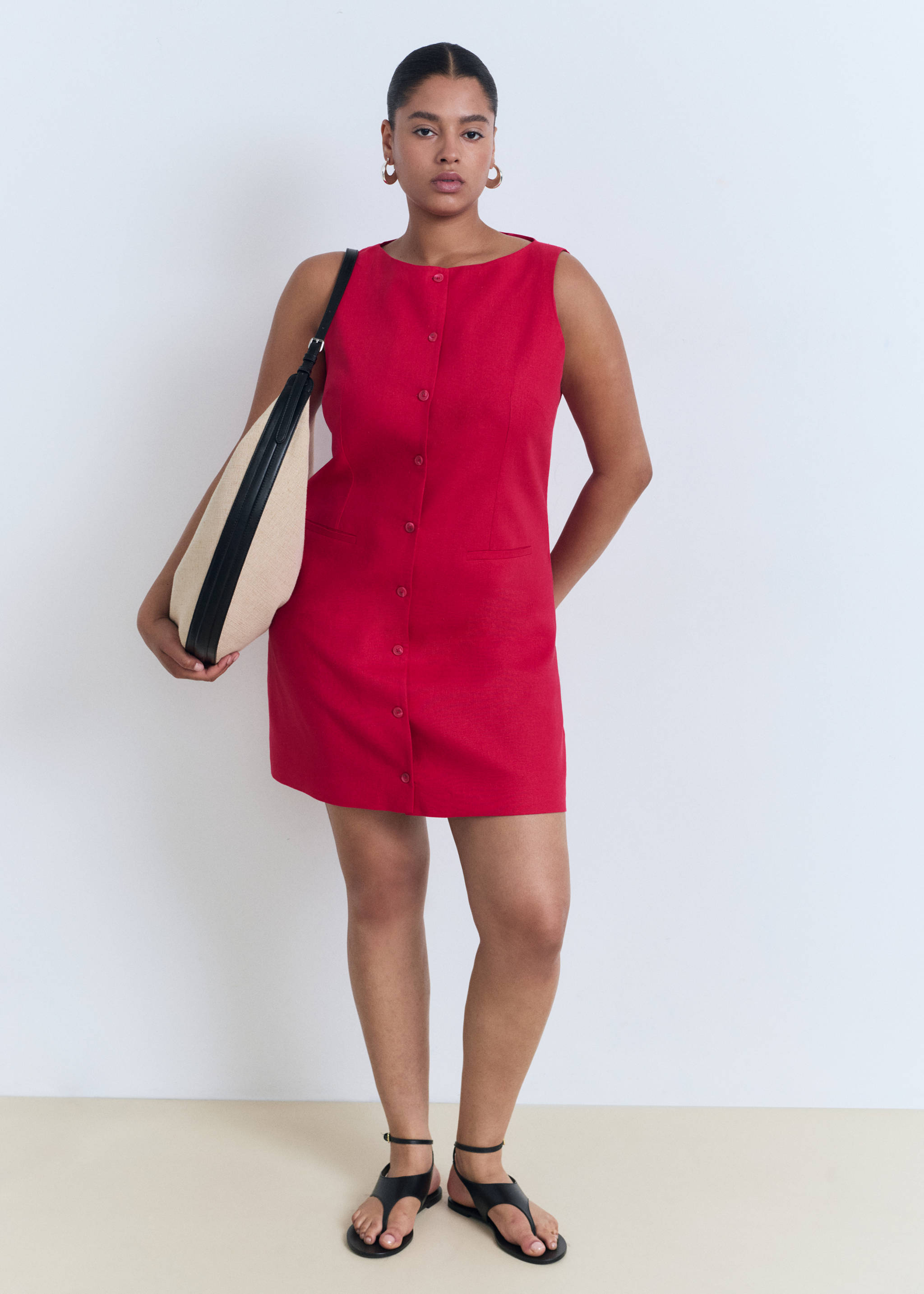 Short button-down linen-blend dress - Details of the article 3