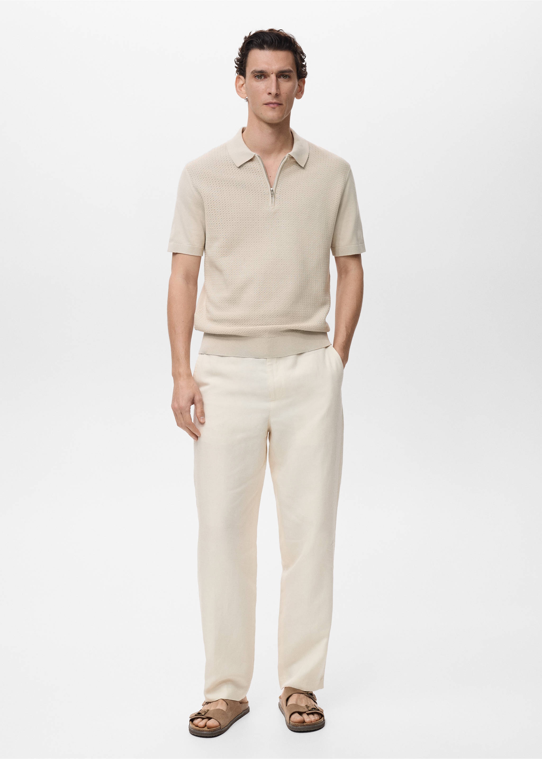 Strick-Poloshirt aus Baumwolle mit Lochmuster - Allgemeine Ansicht, Beige. Ref: 87039212-00.