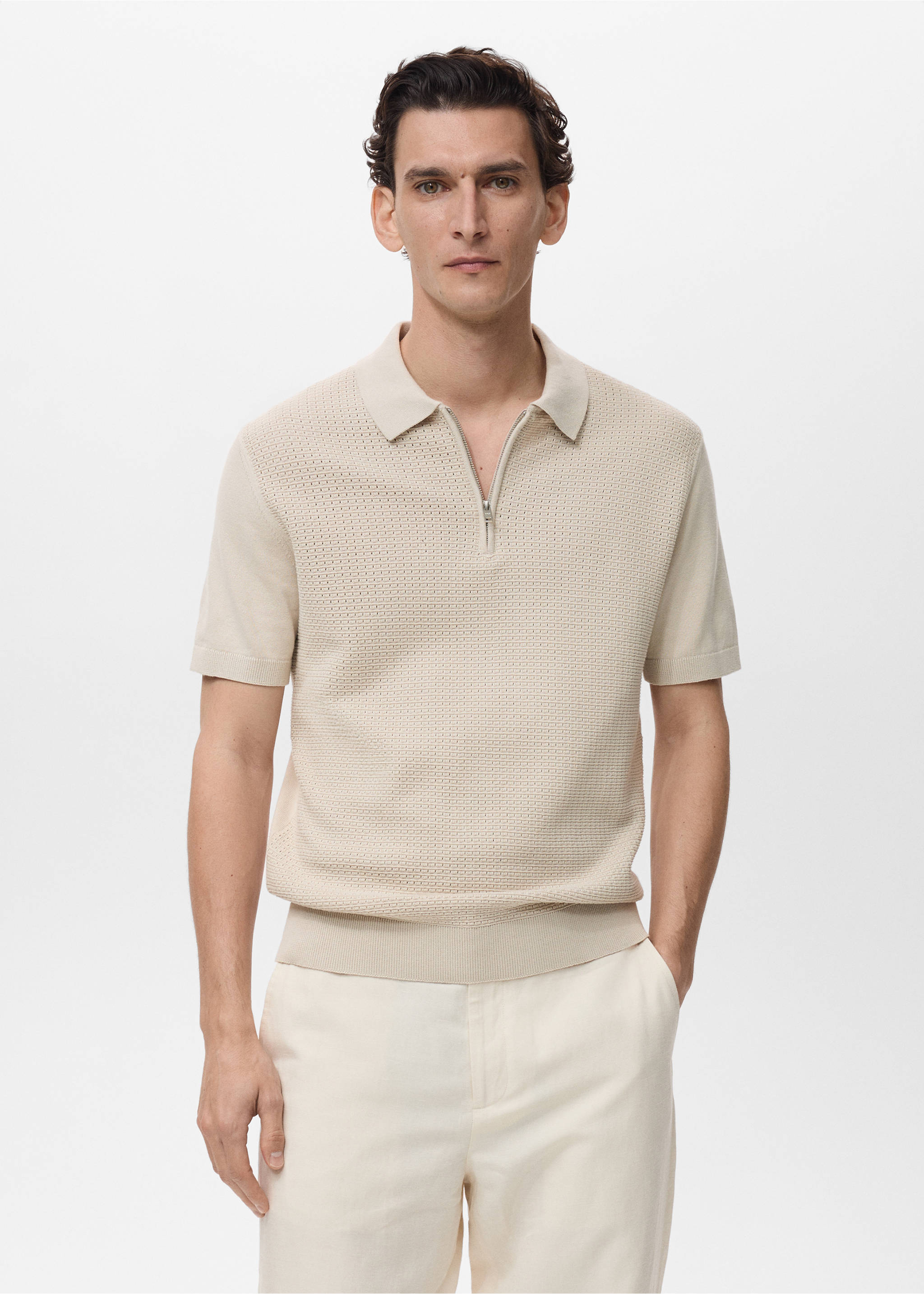 Strick-Poloshirt aus Baumwolle mit Lochmuster - Mittlere Ansicht, Beige. Ref: 87039212-00.