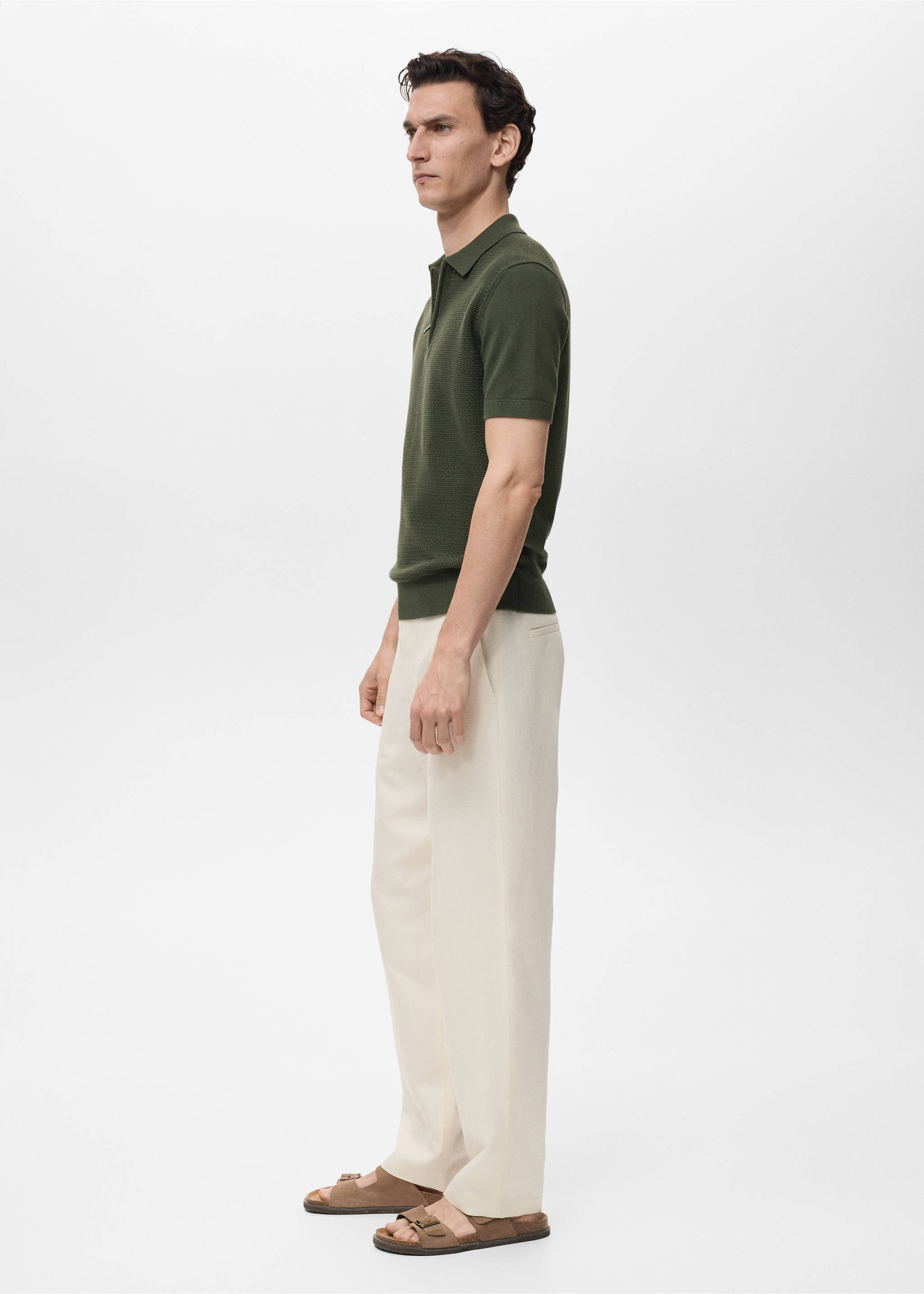 Openwork cotton knitte polo shirt - Medium plane, Khaki. Ref: 87039212-00.