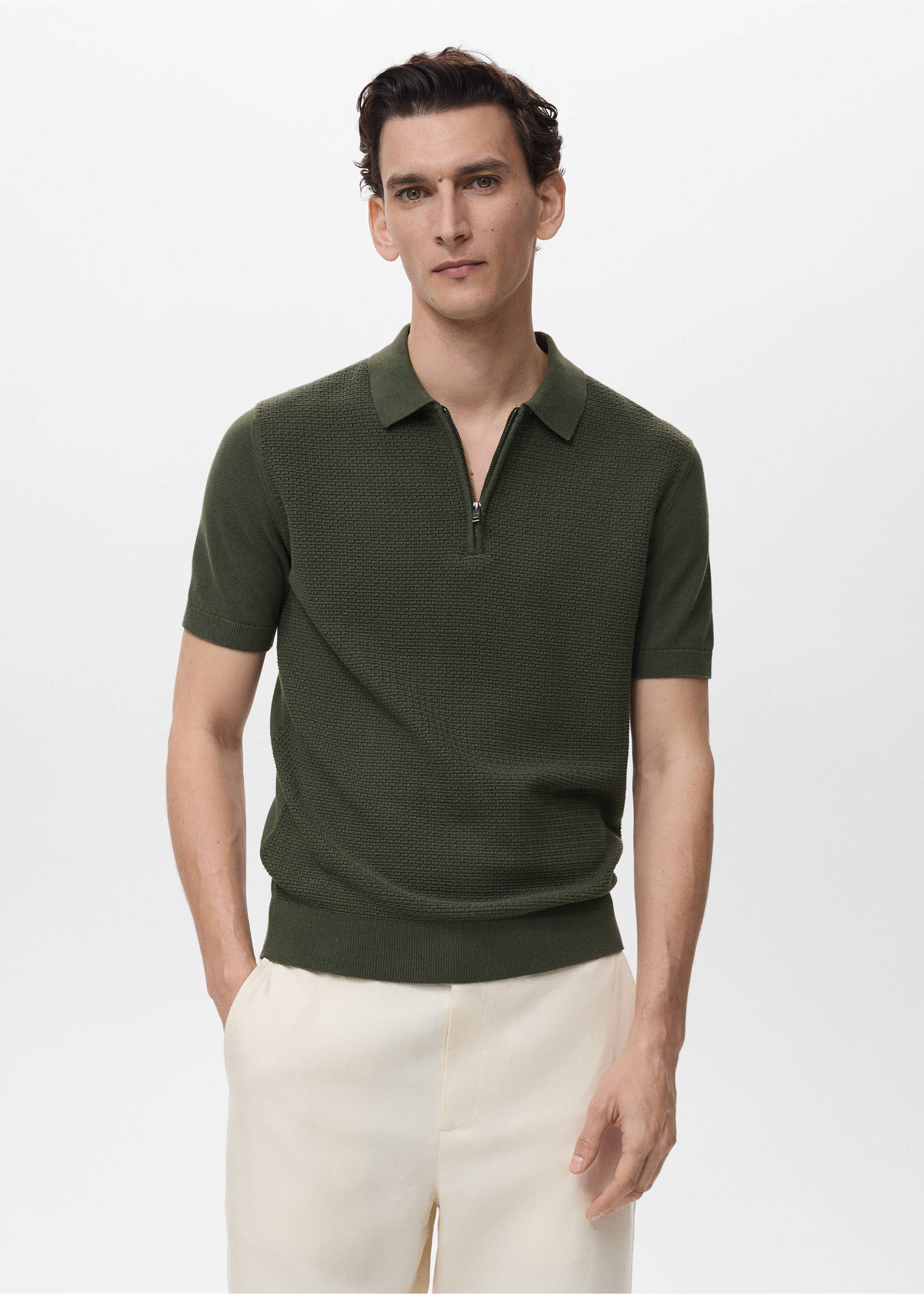 Openwork cotton knitte polo shirt - Details of the article 2, Khaki. Ref: 87039212-00.