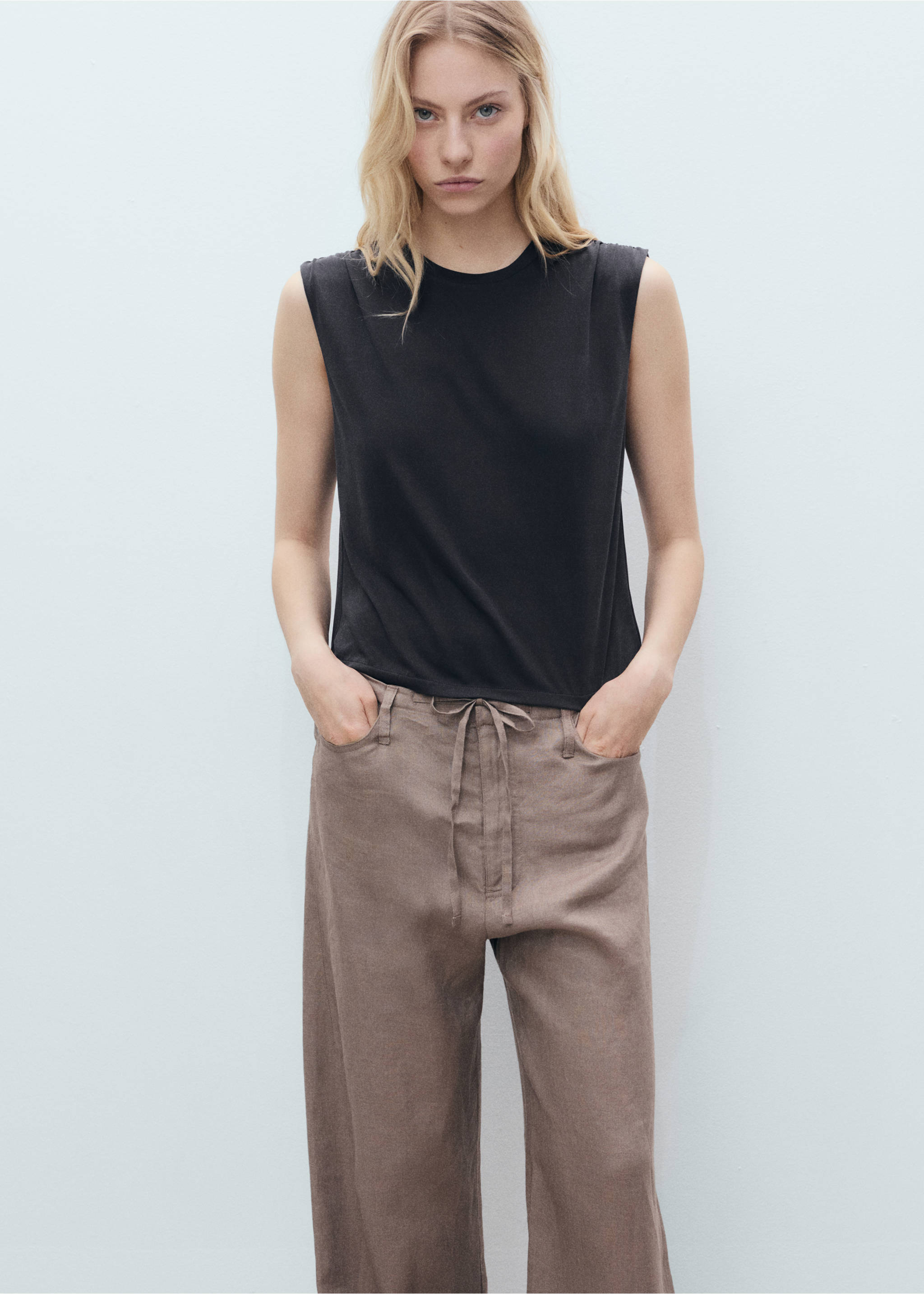 Flowy t-shirt with gathered shoulders - Medium plane, Charcoal. Ref: 87039217-00.