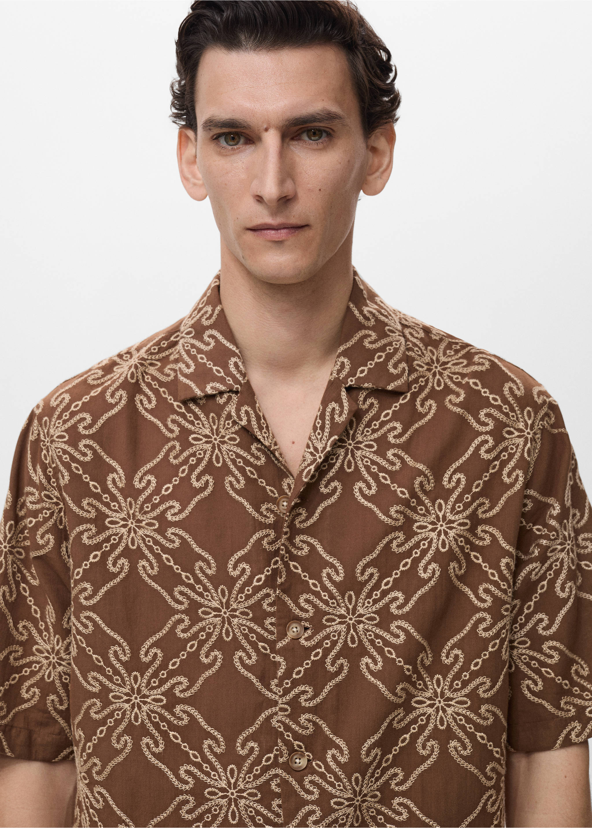 Short-sleeved embroidered shirt - Details of the article 1, Tobacco Brown. Ref: 87039218-00.