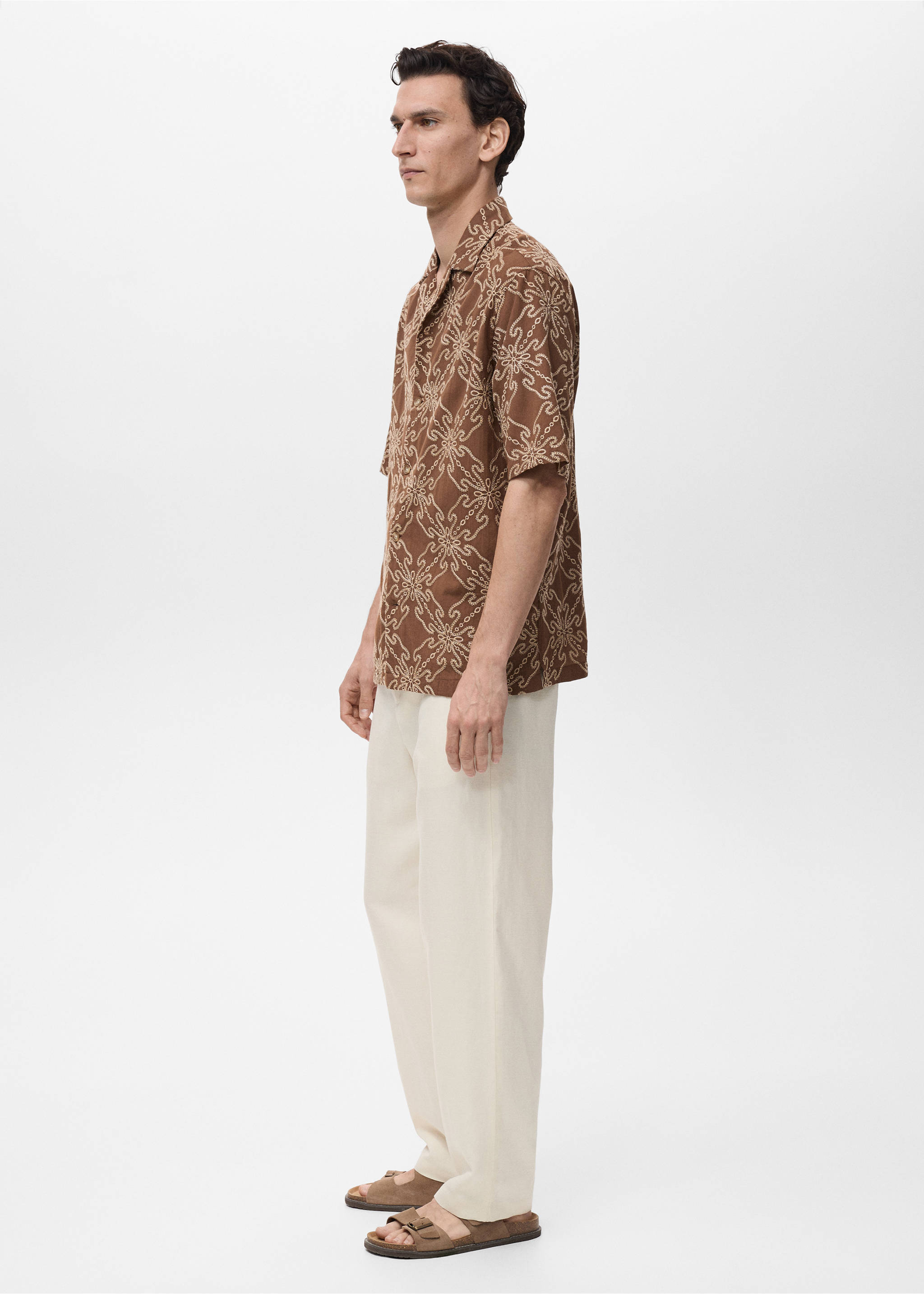 Short-sleeved embroidered shirt - Details of the article 2, Tobacco Brown. Ref: 87039218-00.
