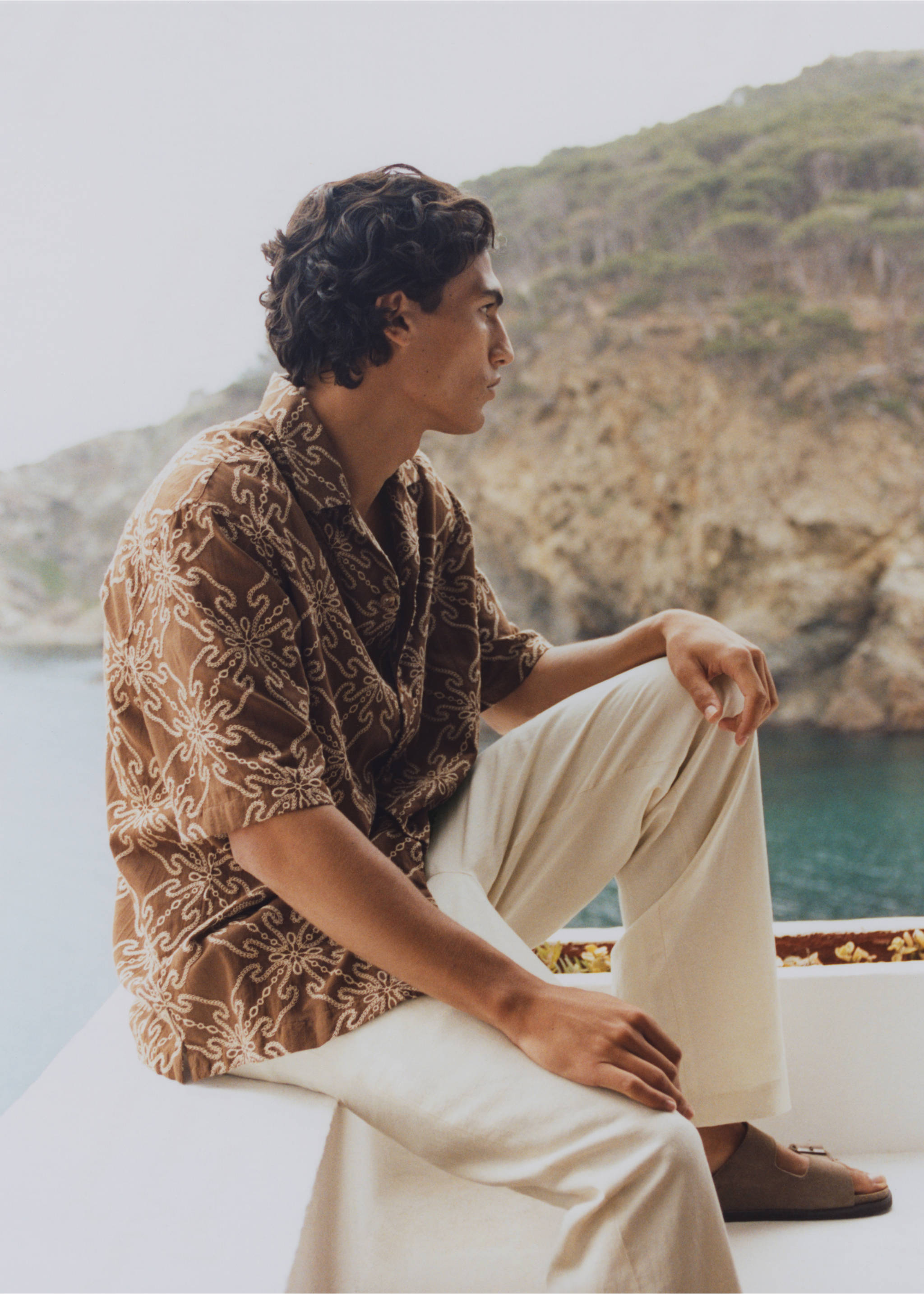 Short-sleeved embroidered shirt - Details of the article 5, Tobacco Brown. Ref: 87039218-00.