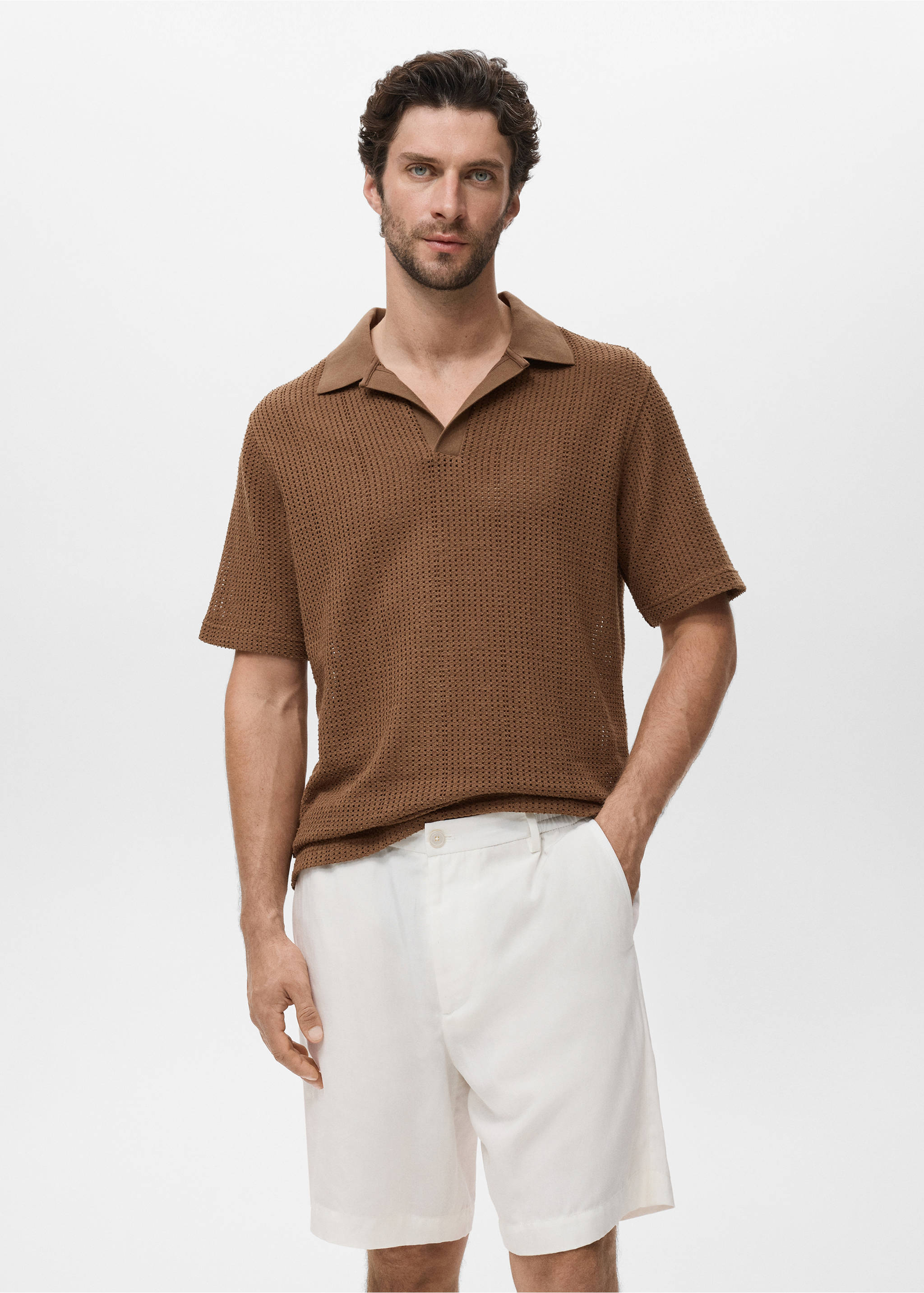 Openwork cotton knitte polo shirt - Medium plane, Tobacco Brown. Ref: 87039220-00.