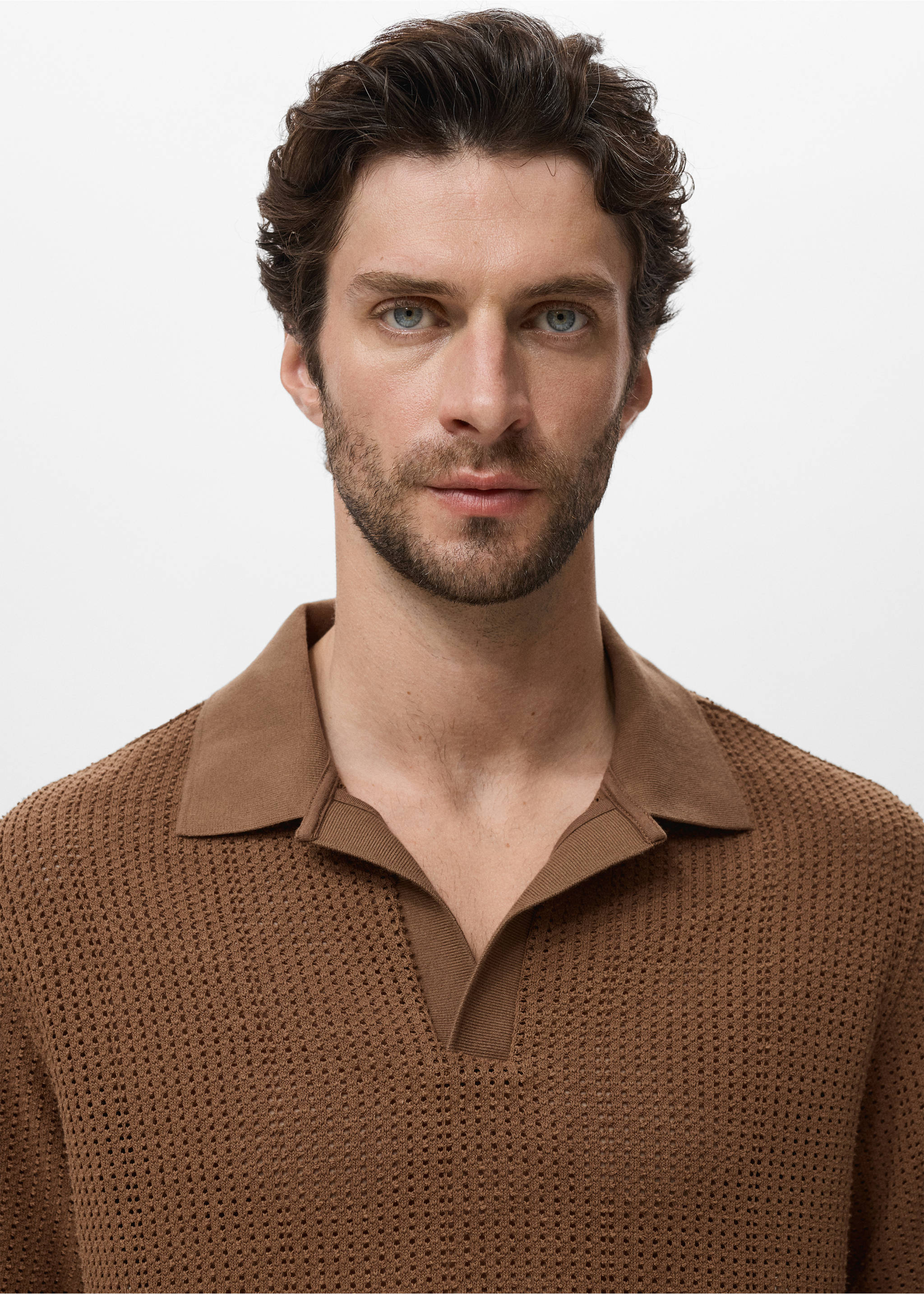 Openwork cotton knitte polo shirt - Details of the article 1, Tobacco Brown. Ref: 87039220-00.