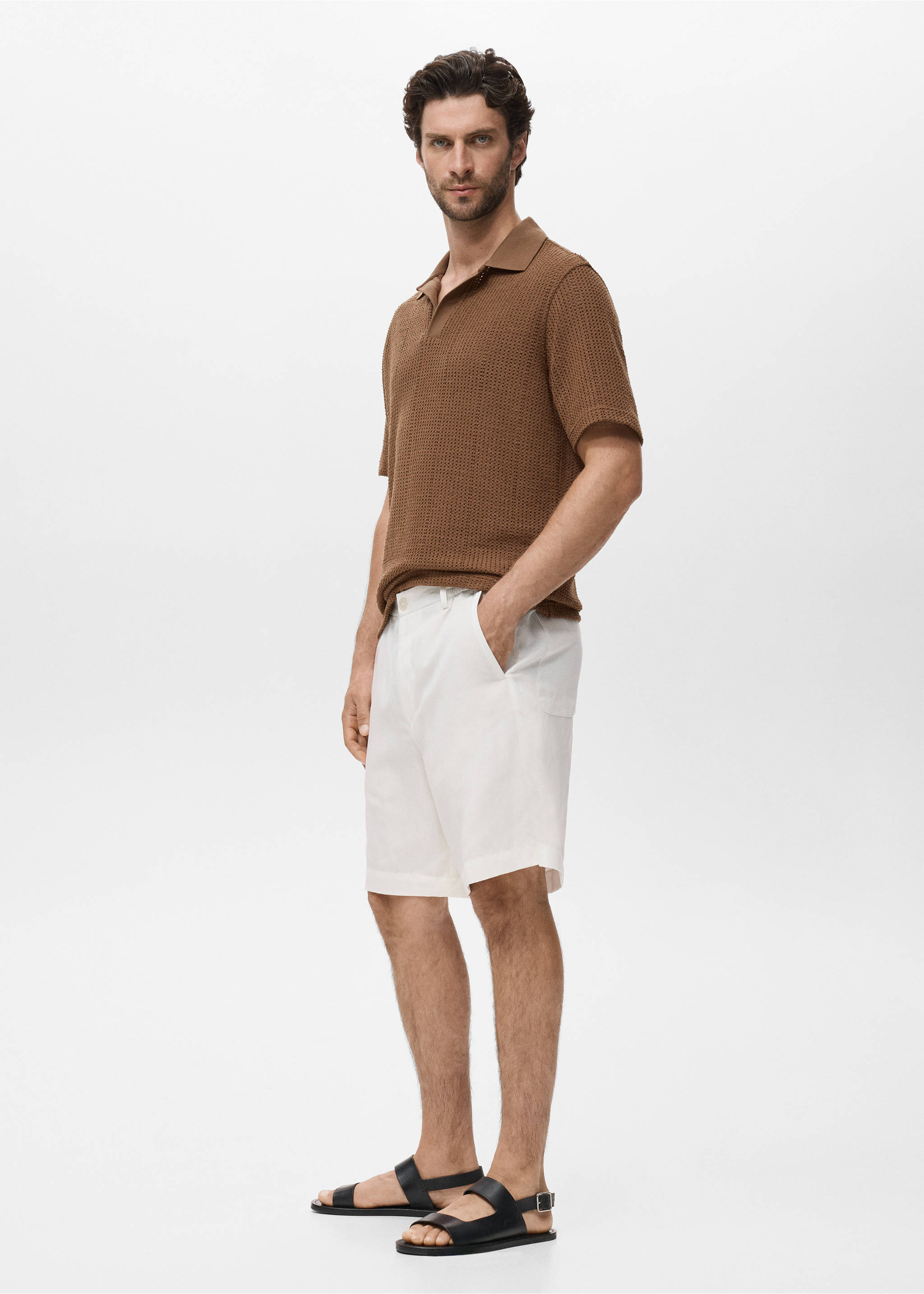 Openwork cotton knitte polo shirt - Details of the article 2, Tobacco Brown. Ref: 87039220-00.