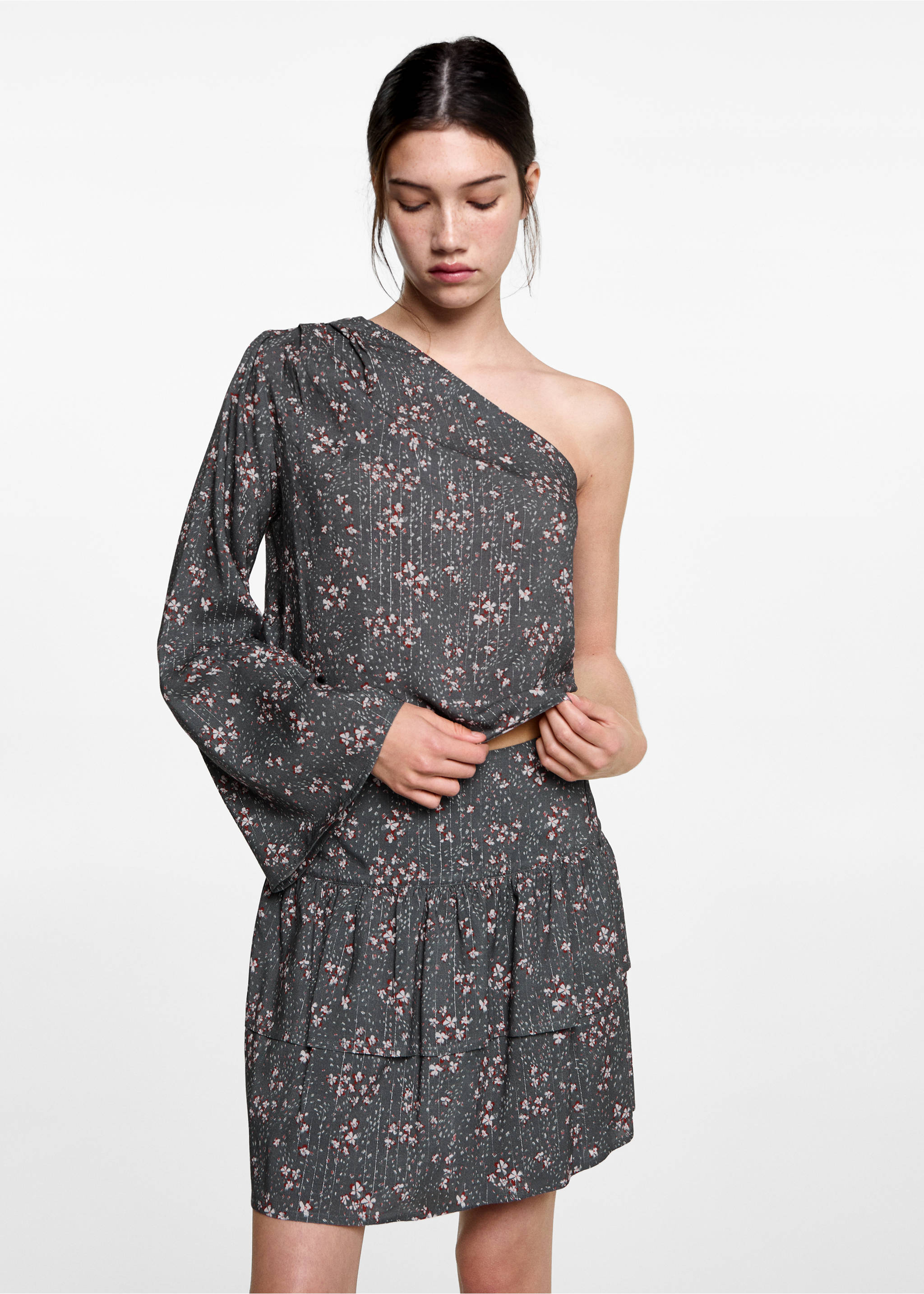 Asymmetrische Bluse mit Motiv - Mittlere Ansicht, Anthrazit. Ref: 87040260-00.