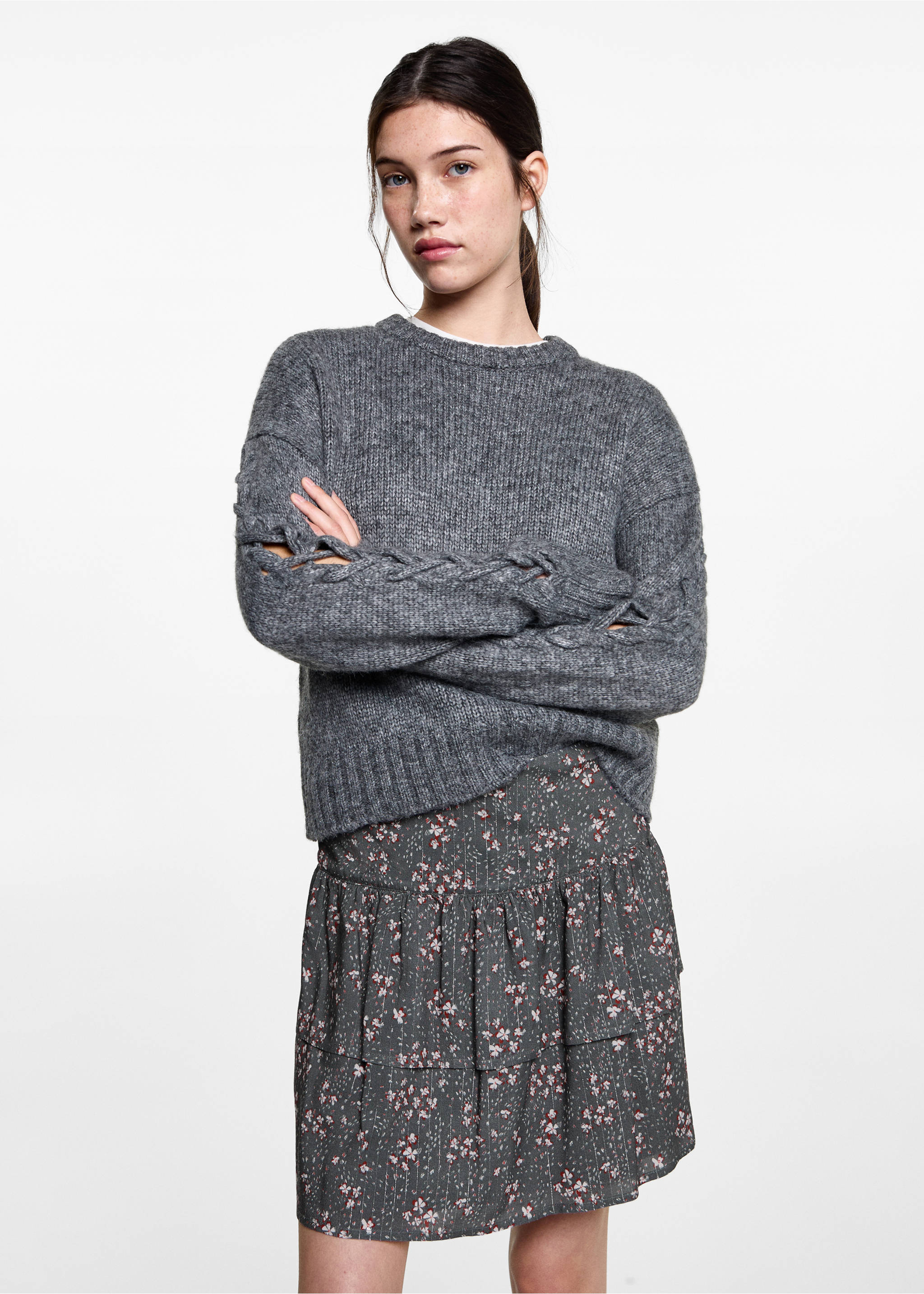 Printed skirt with ruffles - Medium plane, Charcoal. Ref: 87040261-00.