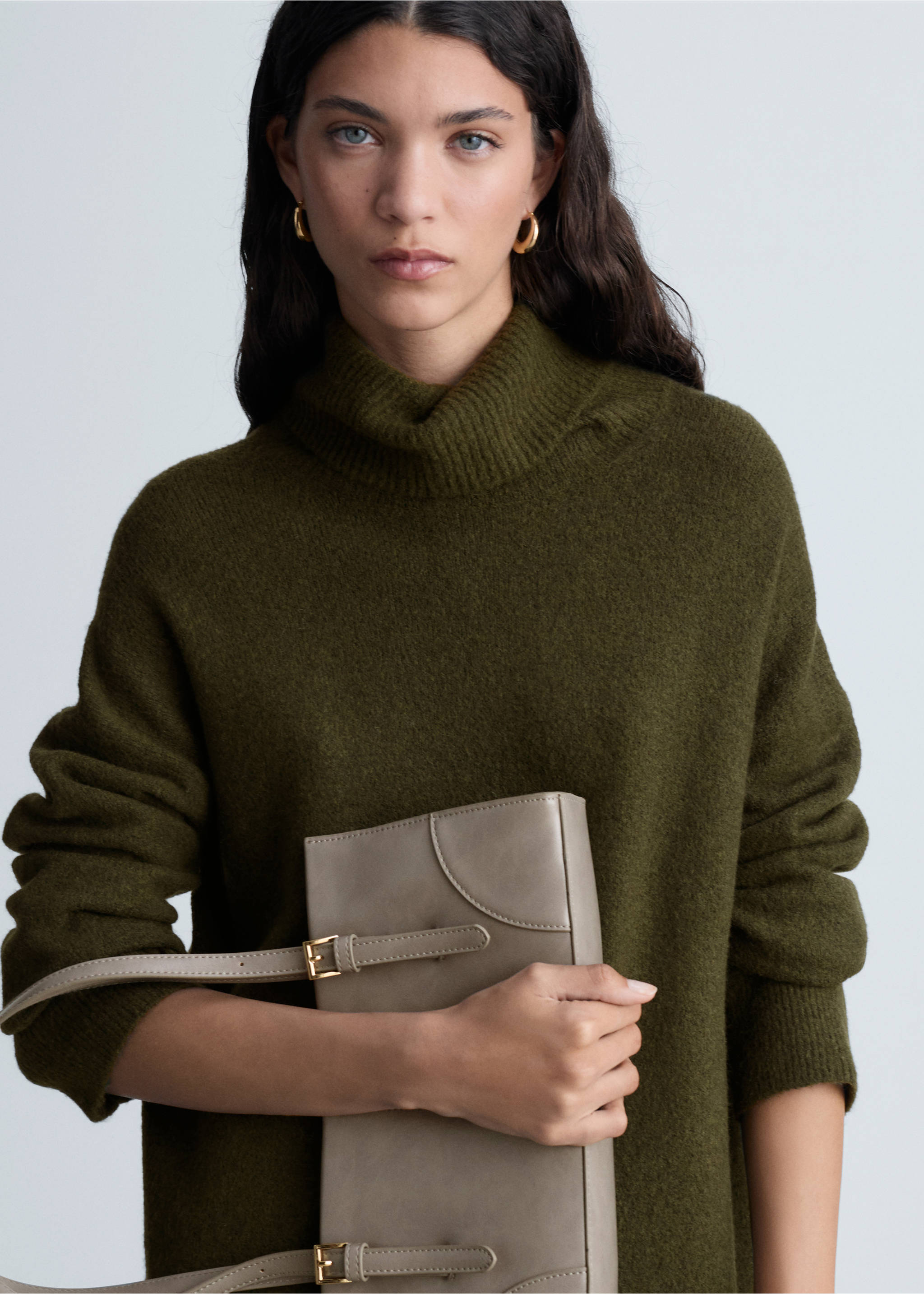 Knitted turtleneck dress - Details of the article 1, Khaki. Ref: 87040284-00.