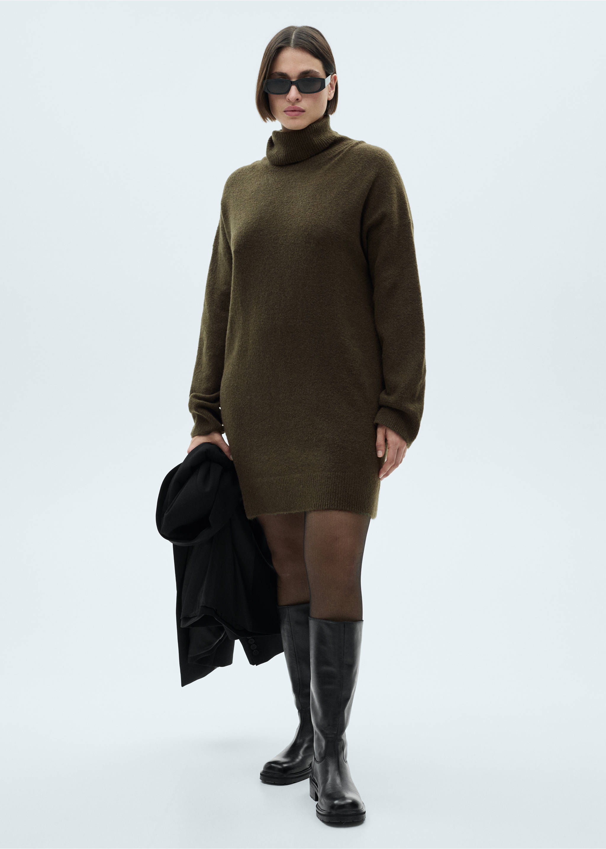 Knitted turtleneck dress - Details of the article 3, Khaki. Ref: 87040284-00.