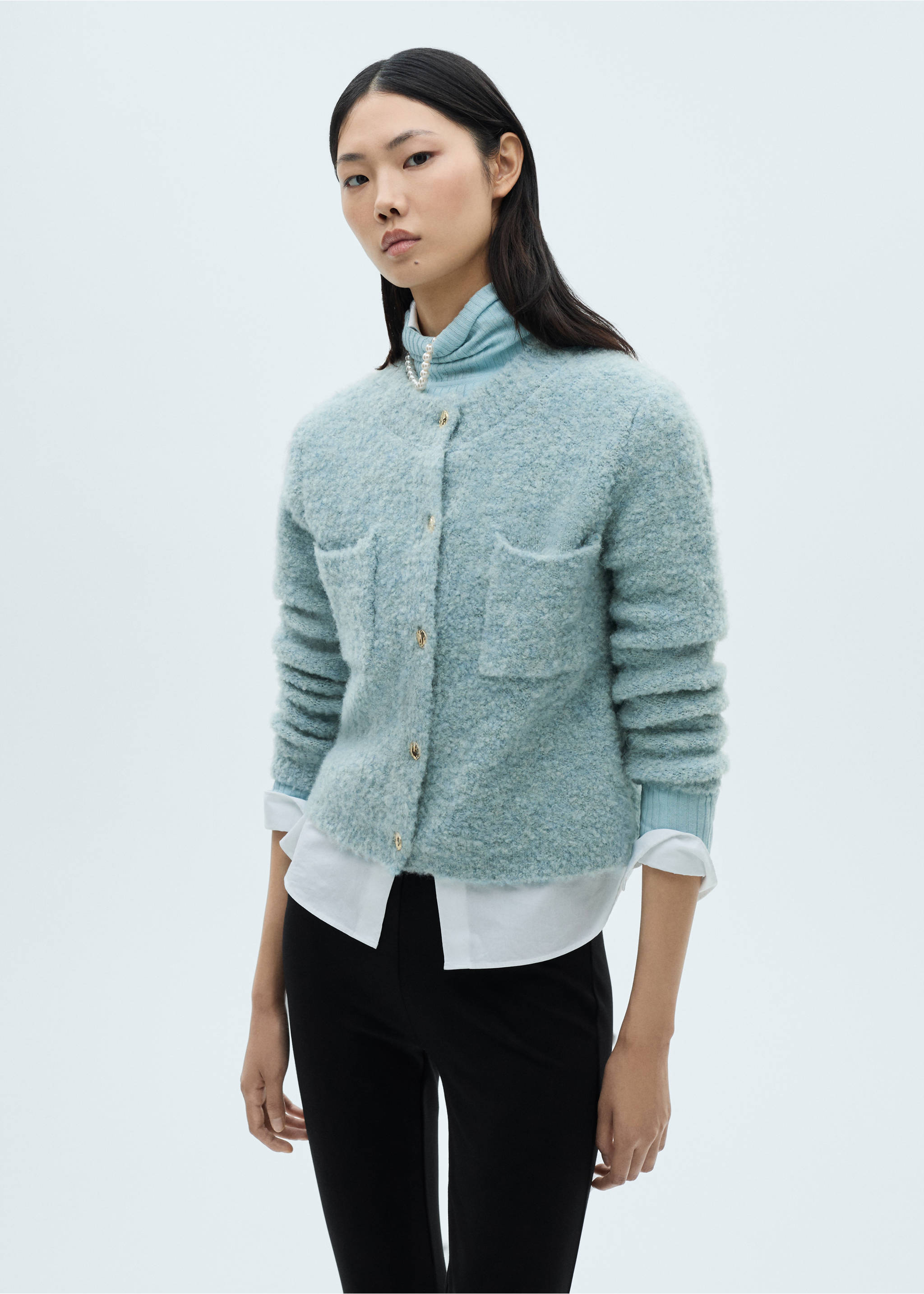 Bouclé jacket with jewel buttons - Medium plane, Sky Blue. Ref: 87040363-00.
