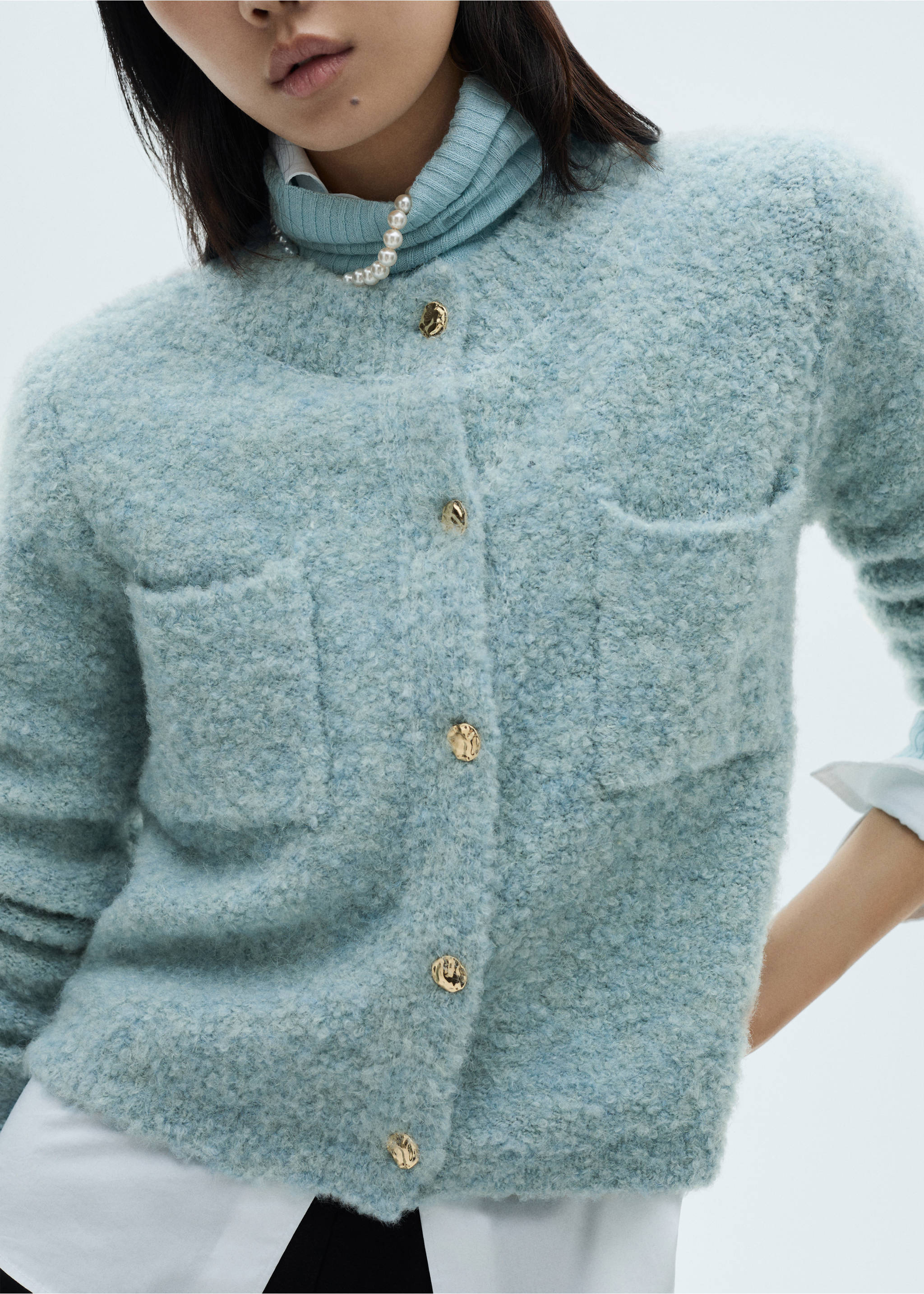 Bouclé jacket with jewel buttons - Details of the article 3, Sky Blue. Ref: 87040363-00.