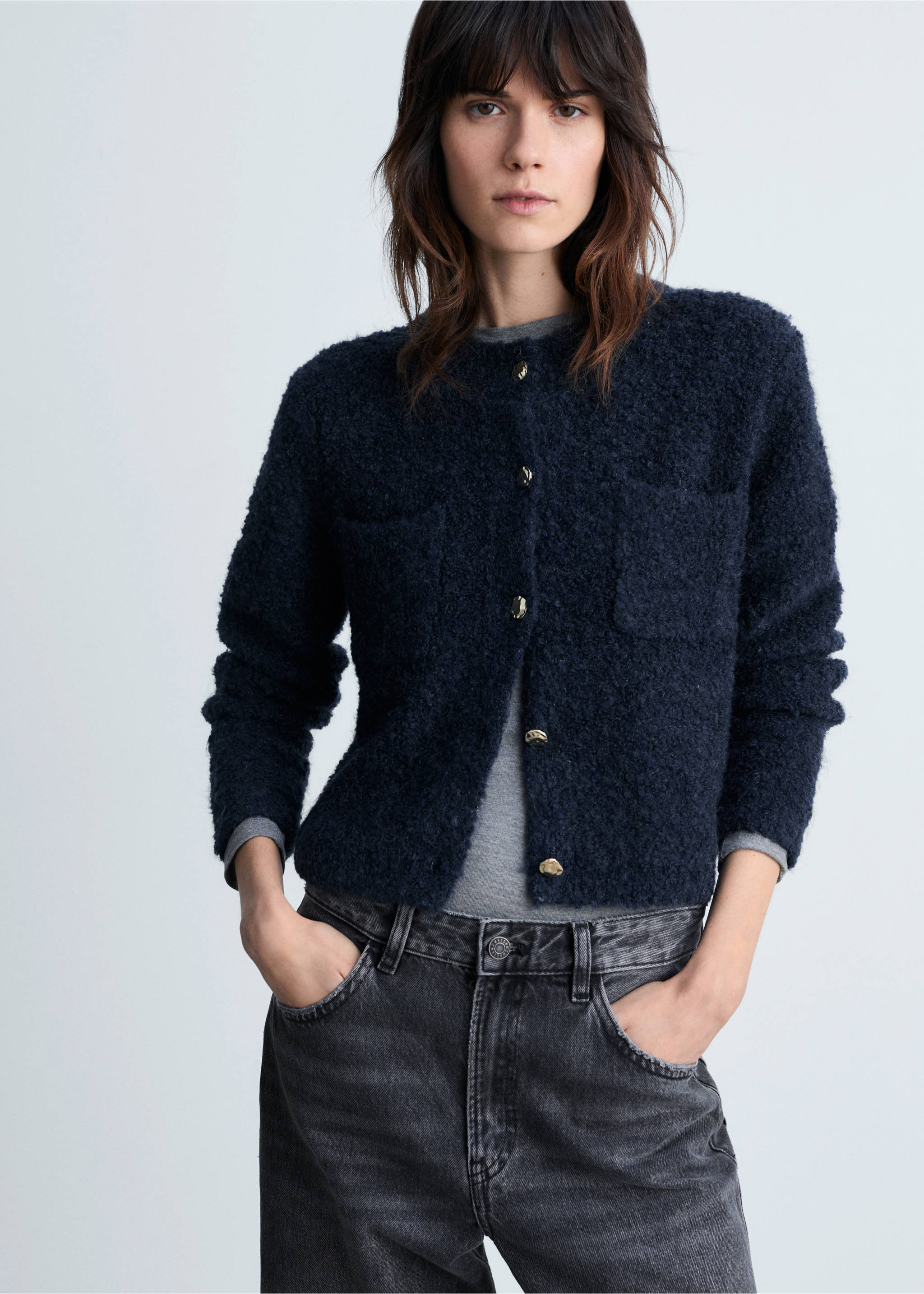 Bouclé jacket with jewel buttons - Medium plane, Dark Navy. Ref: 87040363-00.