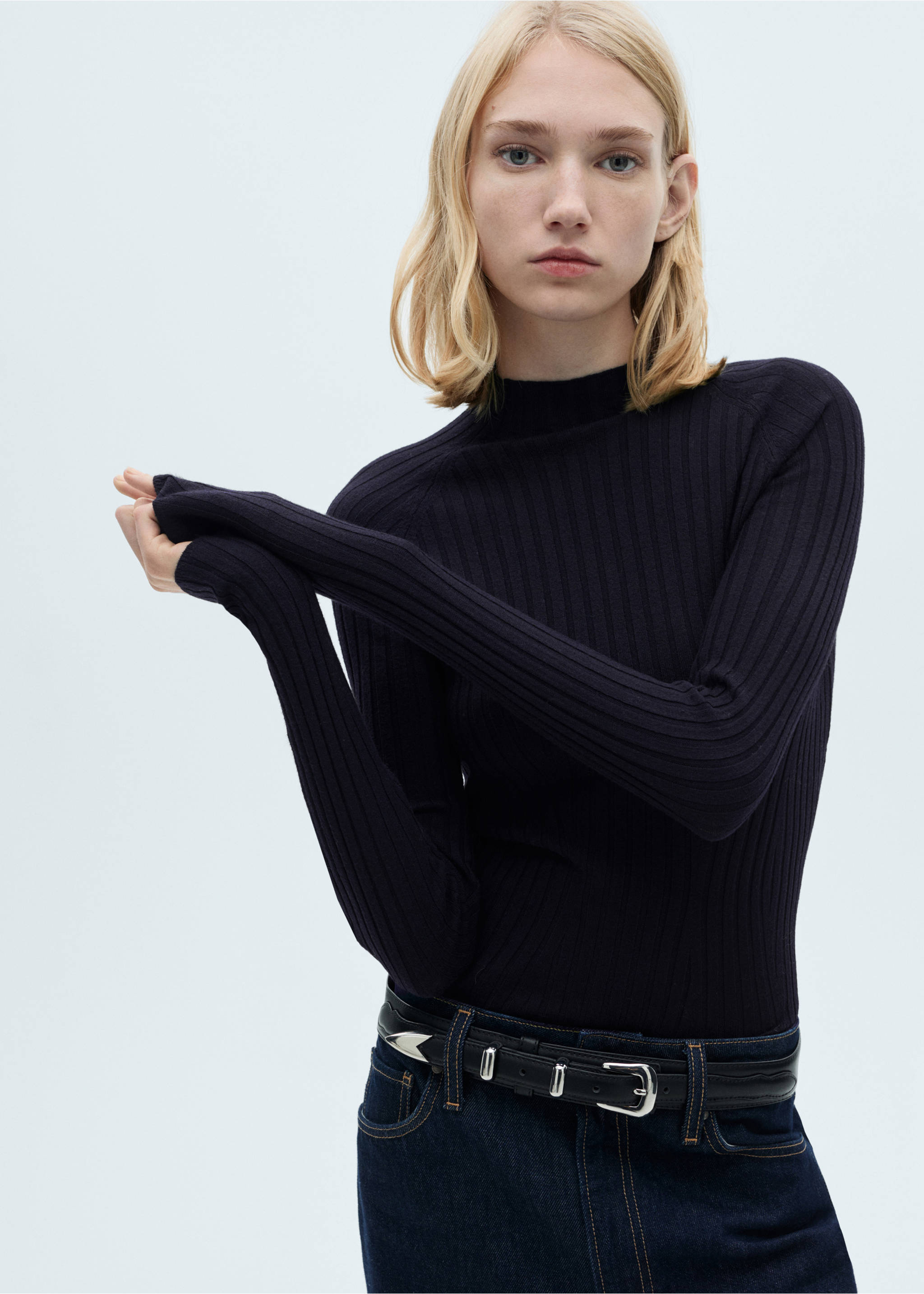 Ribbed sweater with perkins neck - Medium plane, Dark Navy. Ref: 87040425-00.