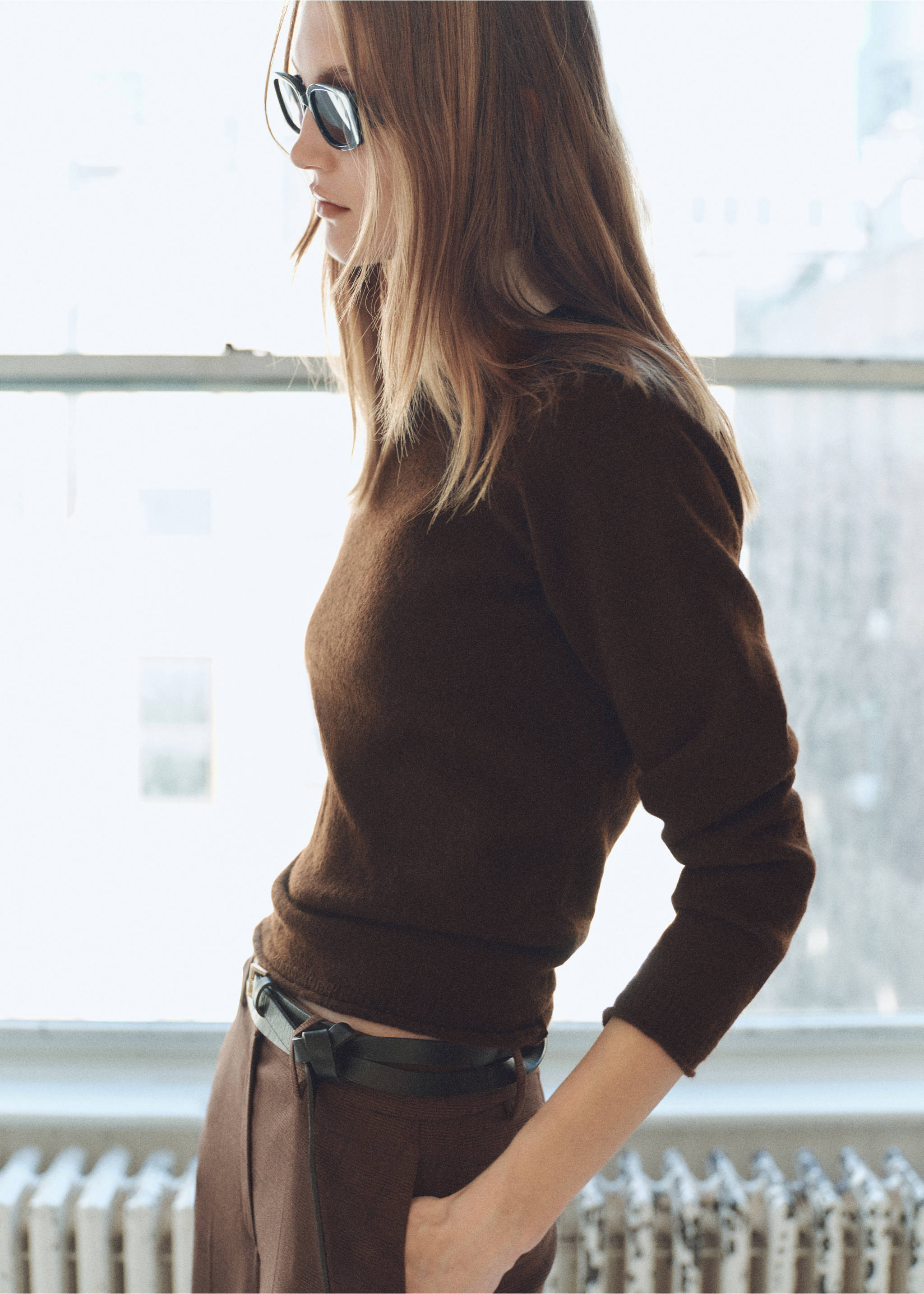 Round-neck knitted sweater - Details of the article 1, Brown. Ref: 87040456-00.
