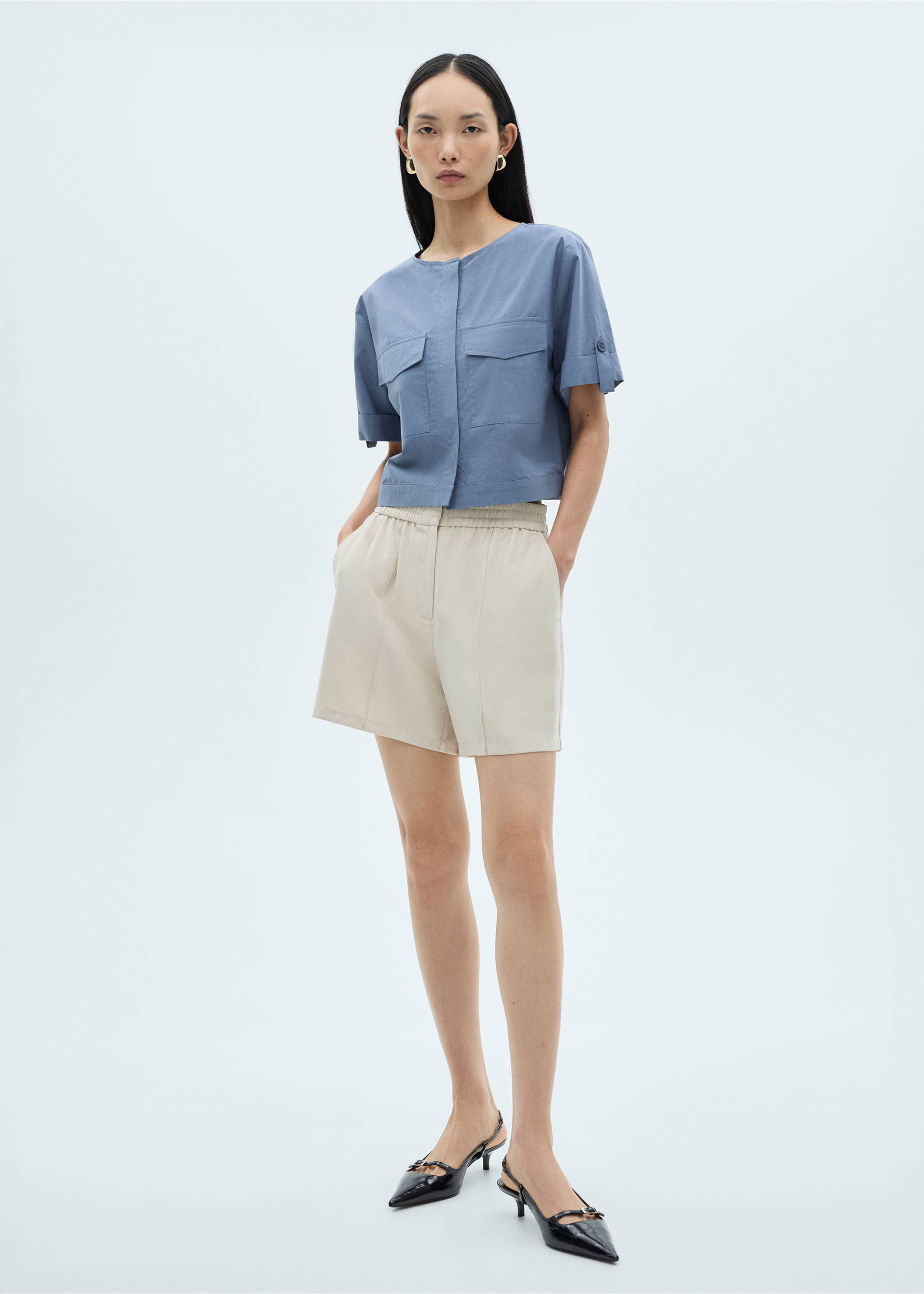 Chest-pocket cotton blouse - Details of the article 2, Blue. Ref: 87040579-00.