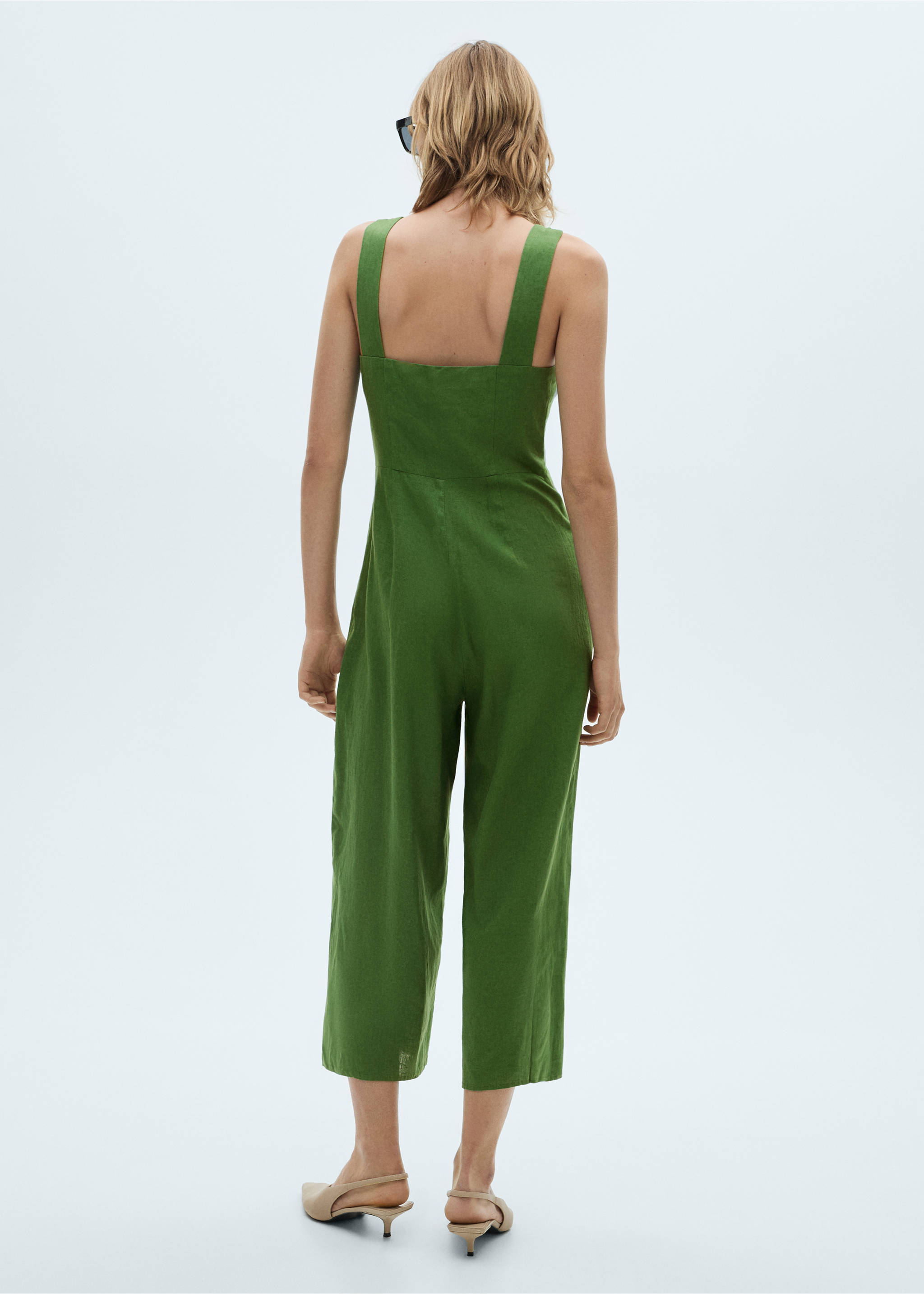 Straight-fit linen jumpsuit - Reverse of the article, Green. Ref: 87040590-00.