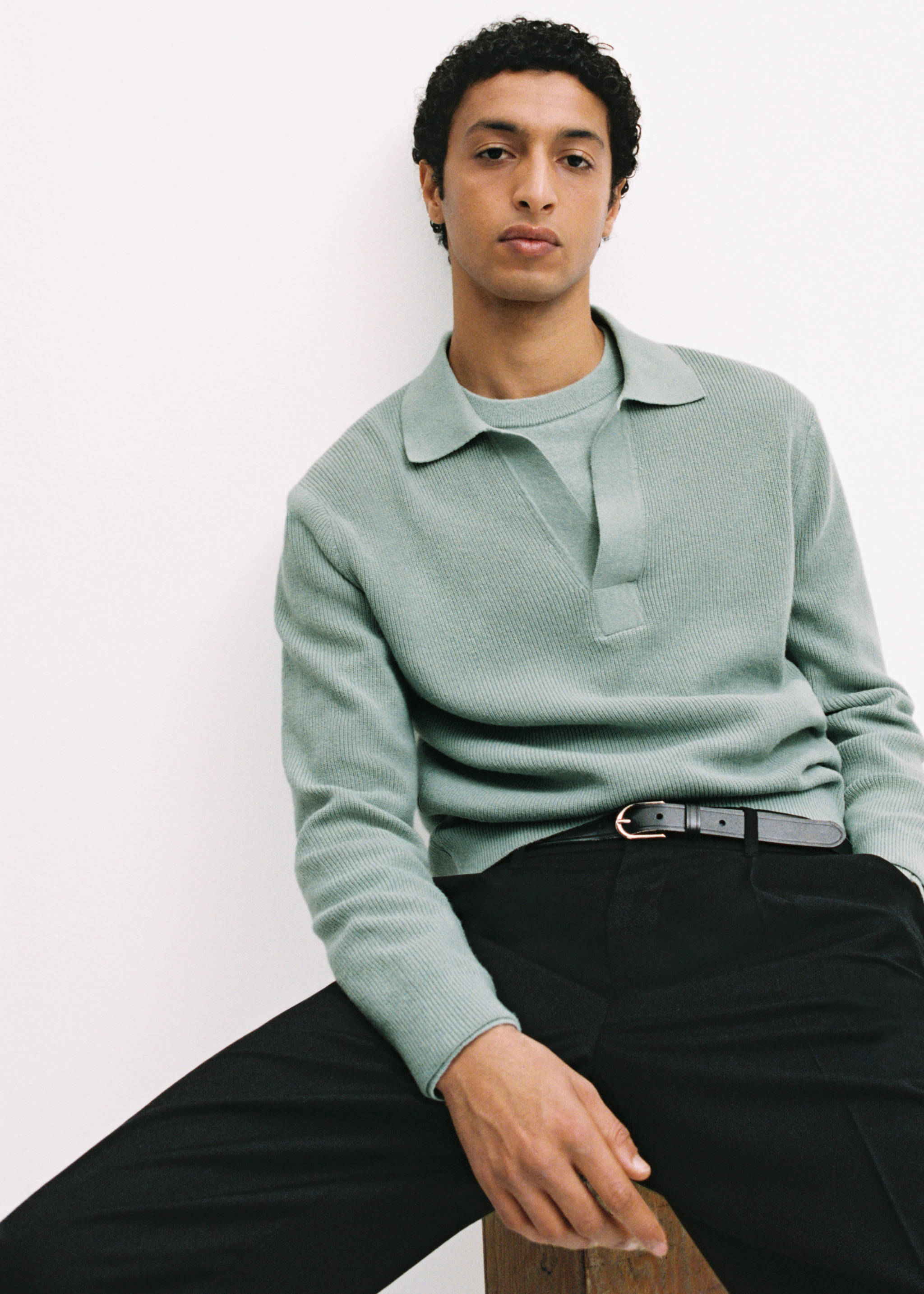 Knitted wool blend polo sweater - Details of the article 3, Aqua Green. Ref: 87040600-00.