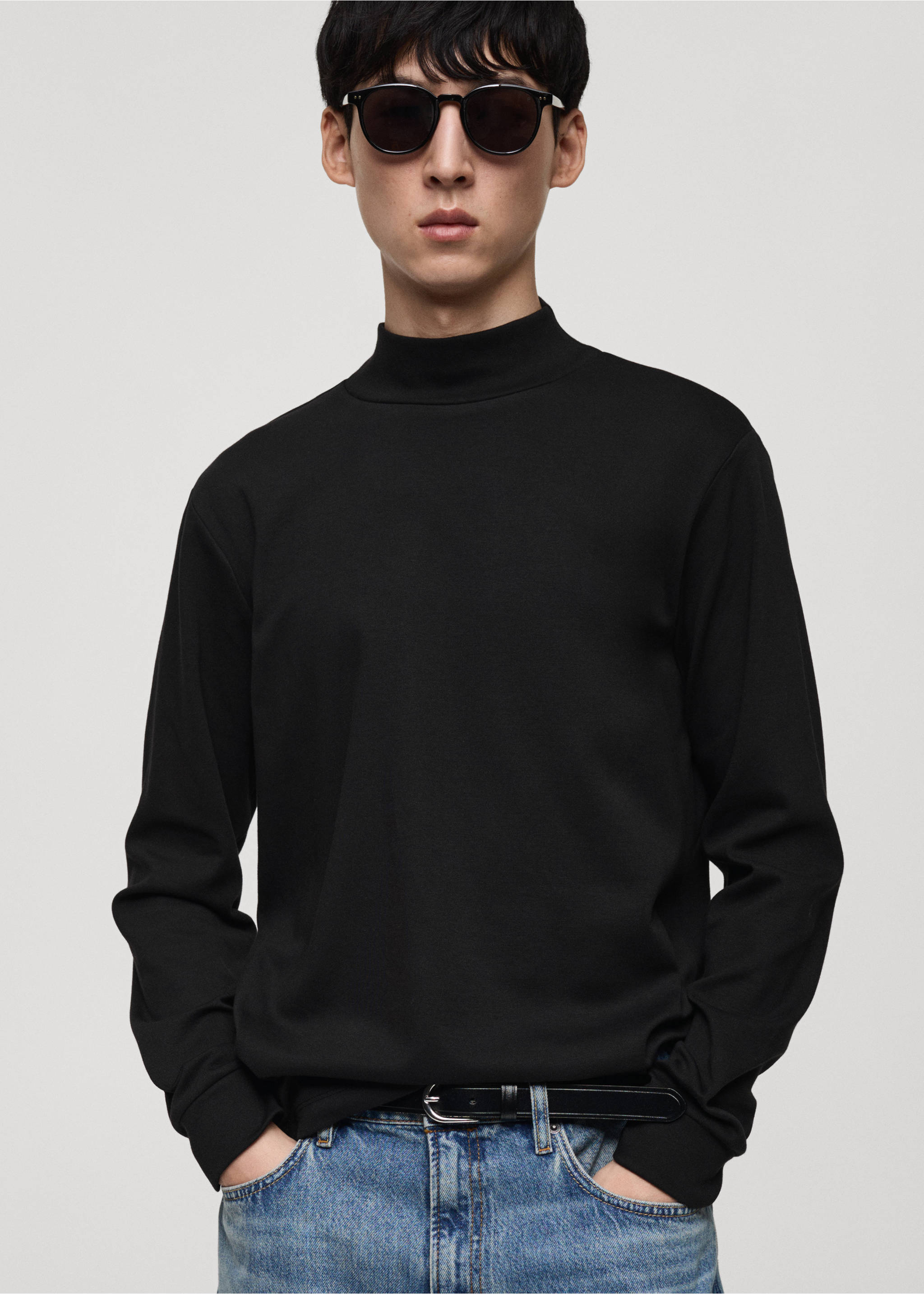 Camiseta manga larga cuello perkins - Plano medio, Negro. Ref: 87040601-00.