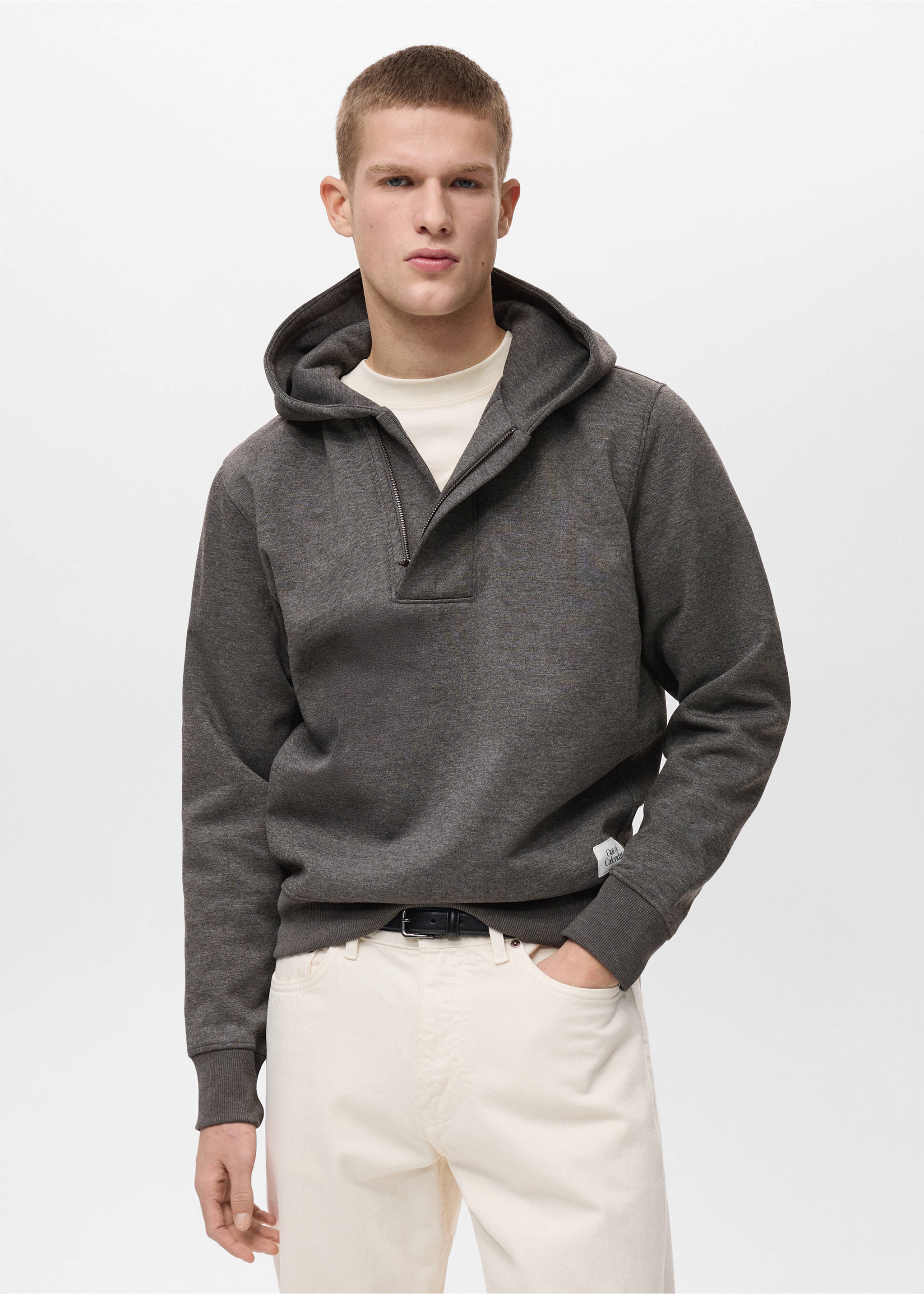 Hoodie mit Zip-Kragen - Mittlere Ansicht, Mittelgrau meliert. Ref: 87040603-00.