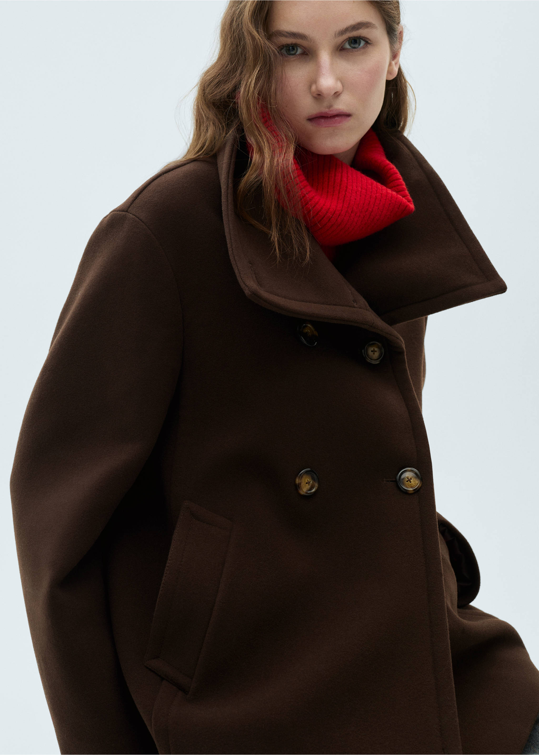 Short virgin wool coat - Details of the article 2, Chocolate. Ref: 87040652-00.