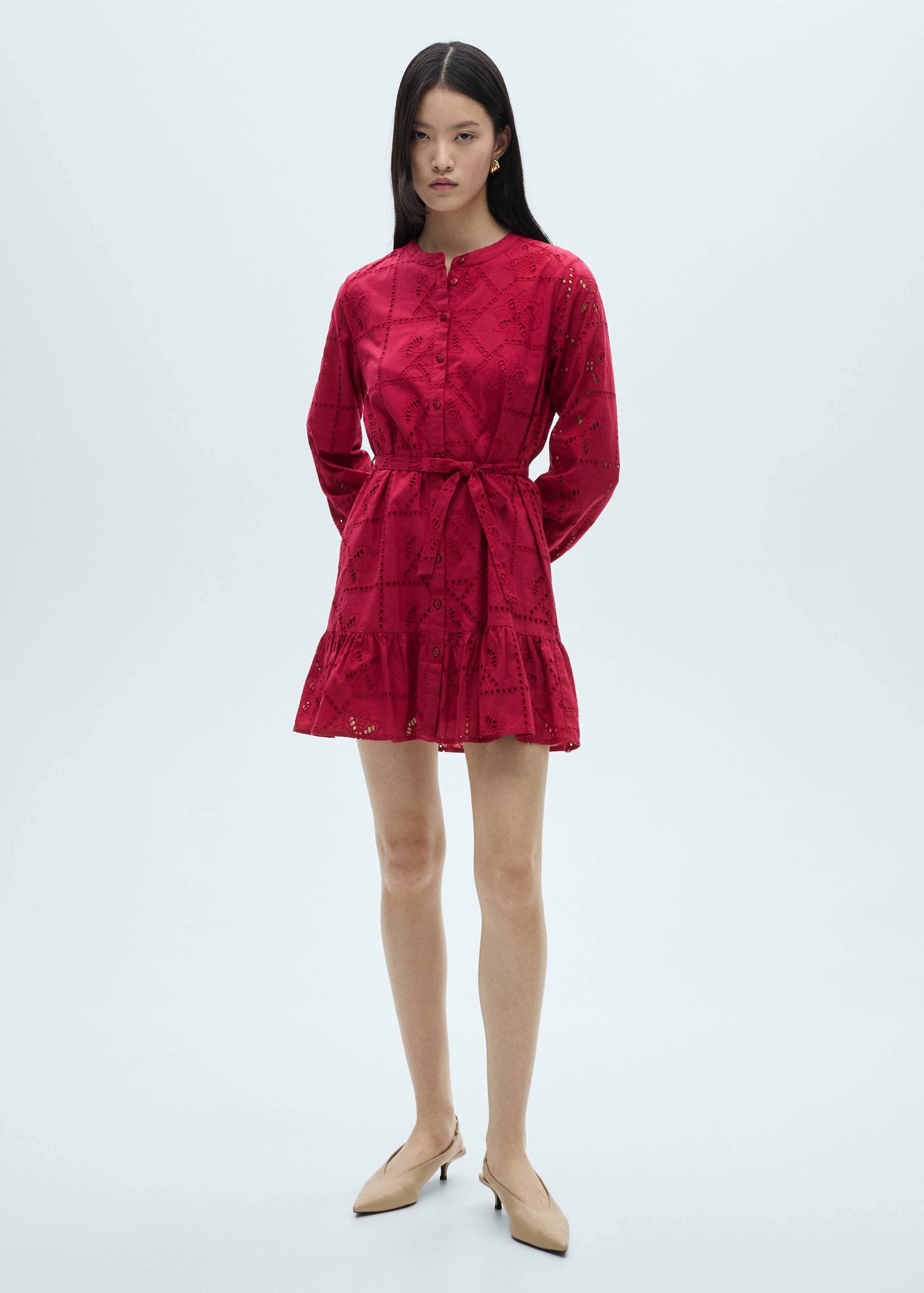 Ruffled dress with embroidered openwork - General plane